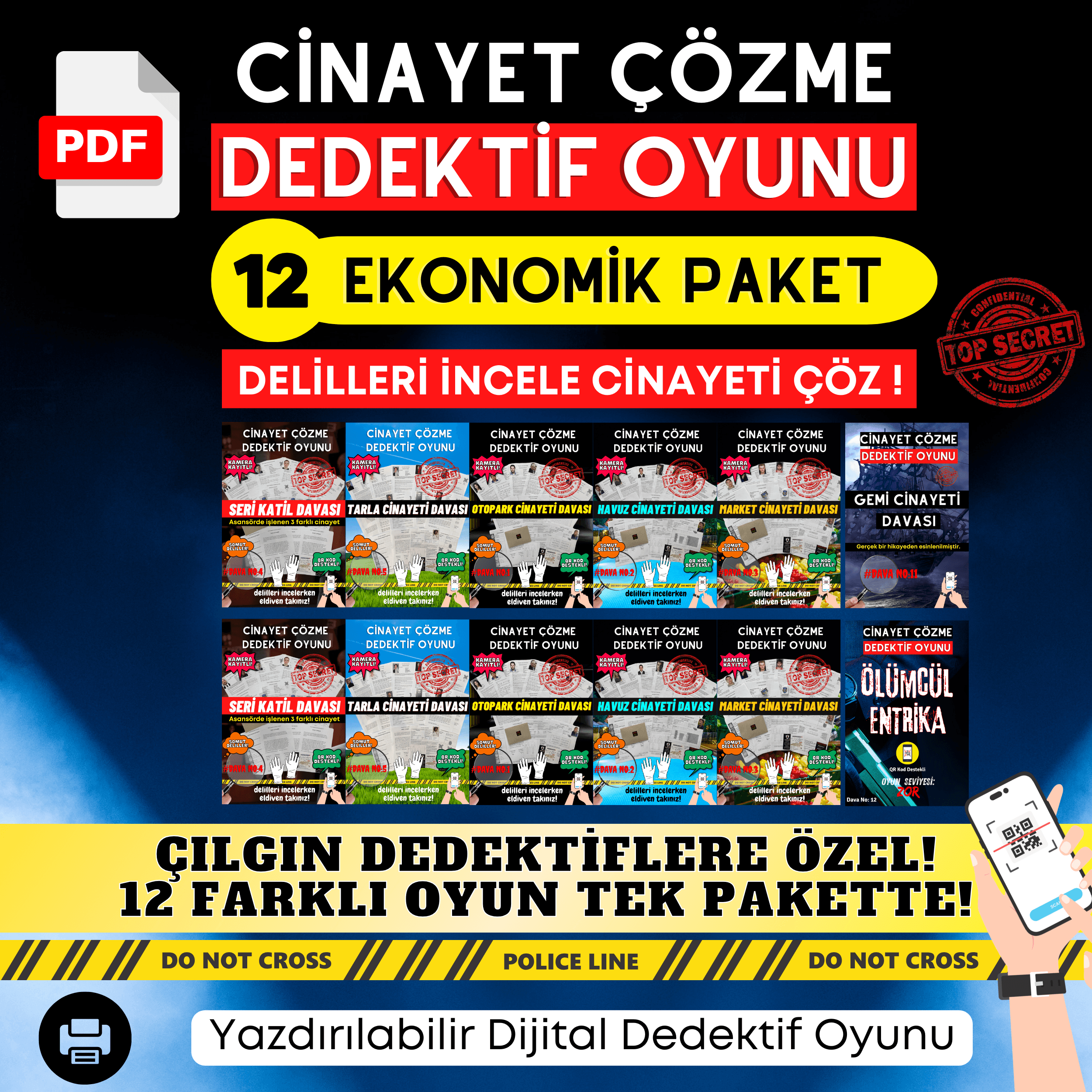 Anında İndirilebilir | 12'li Ekonomik Paket Yazdırılabilir PDF Dedektif Oyunu