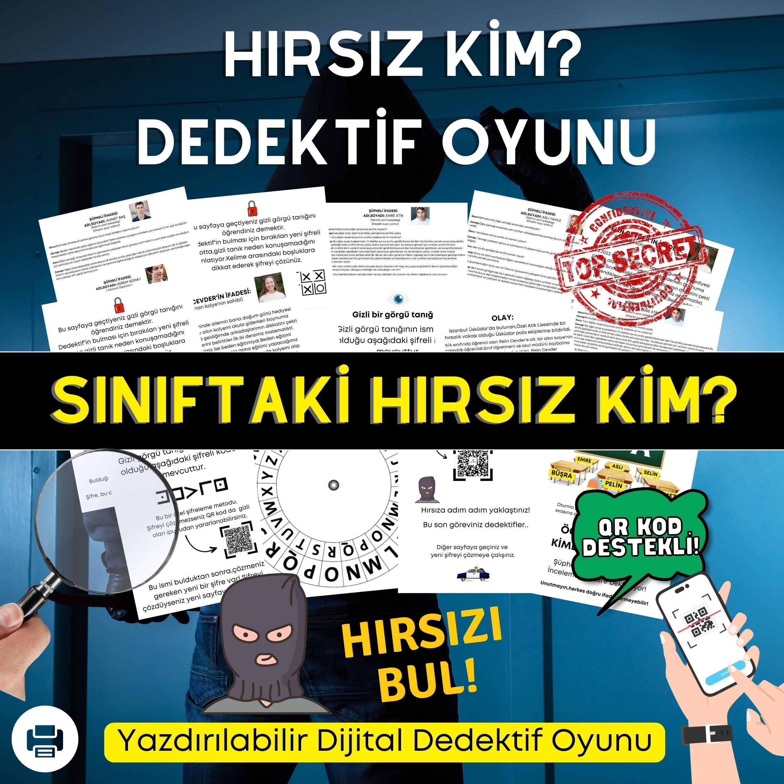 Anında İndirilebilir | Yazdırılabilir PDF Dedektif Oyunu Thief Case | Who is the thief in the class? 