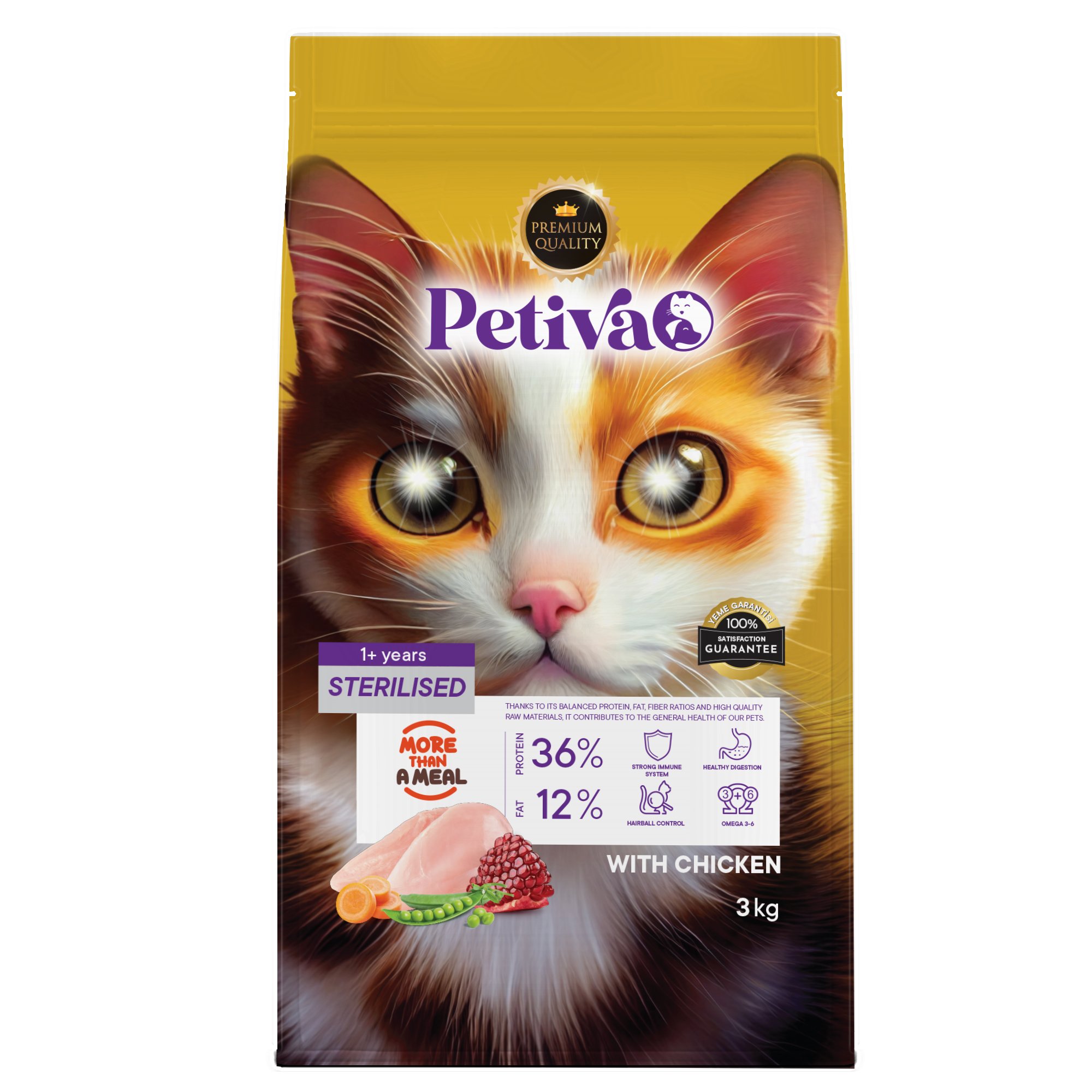 Petiva Kısırlaştırılmış Yetişkin Kediler İçin Tavuk Etli Kuru Kedi Maması 3 Kg