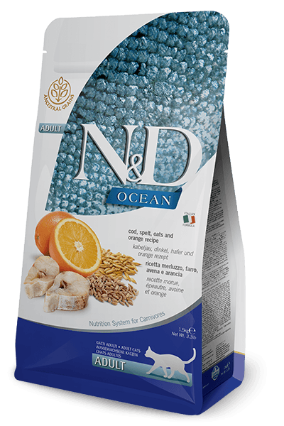 N&D Ocean Morina Balığı, Kılçıksız Buğday, Yulaf & Portakal Yetişkin Kedi Maması, 1,5 Kg