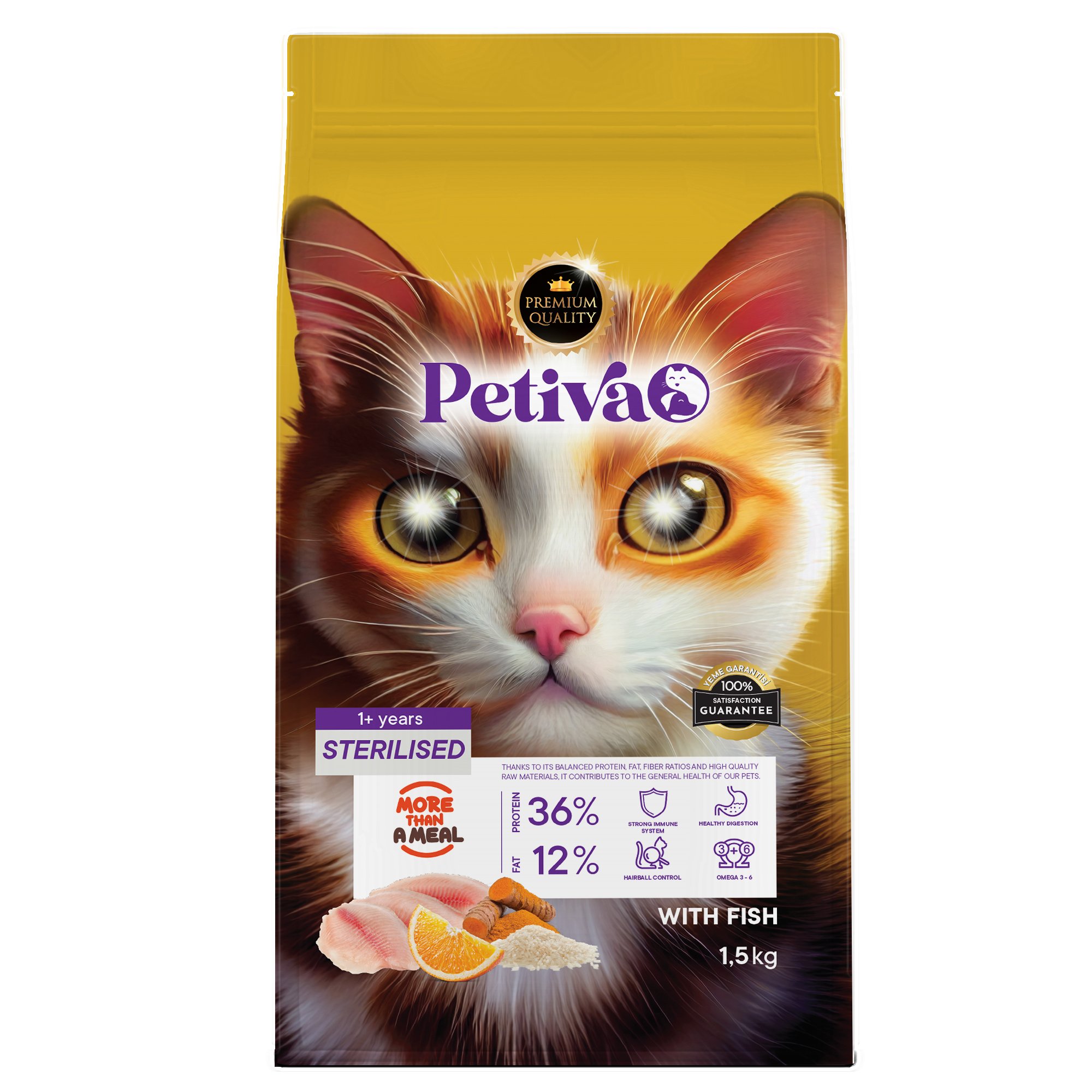 Petiva Kısırlaştırılmış Yetişkin Kediler İçin Balık Etli Kuru Kedi Maması 1,5 Kg