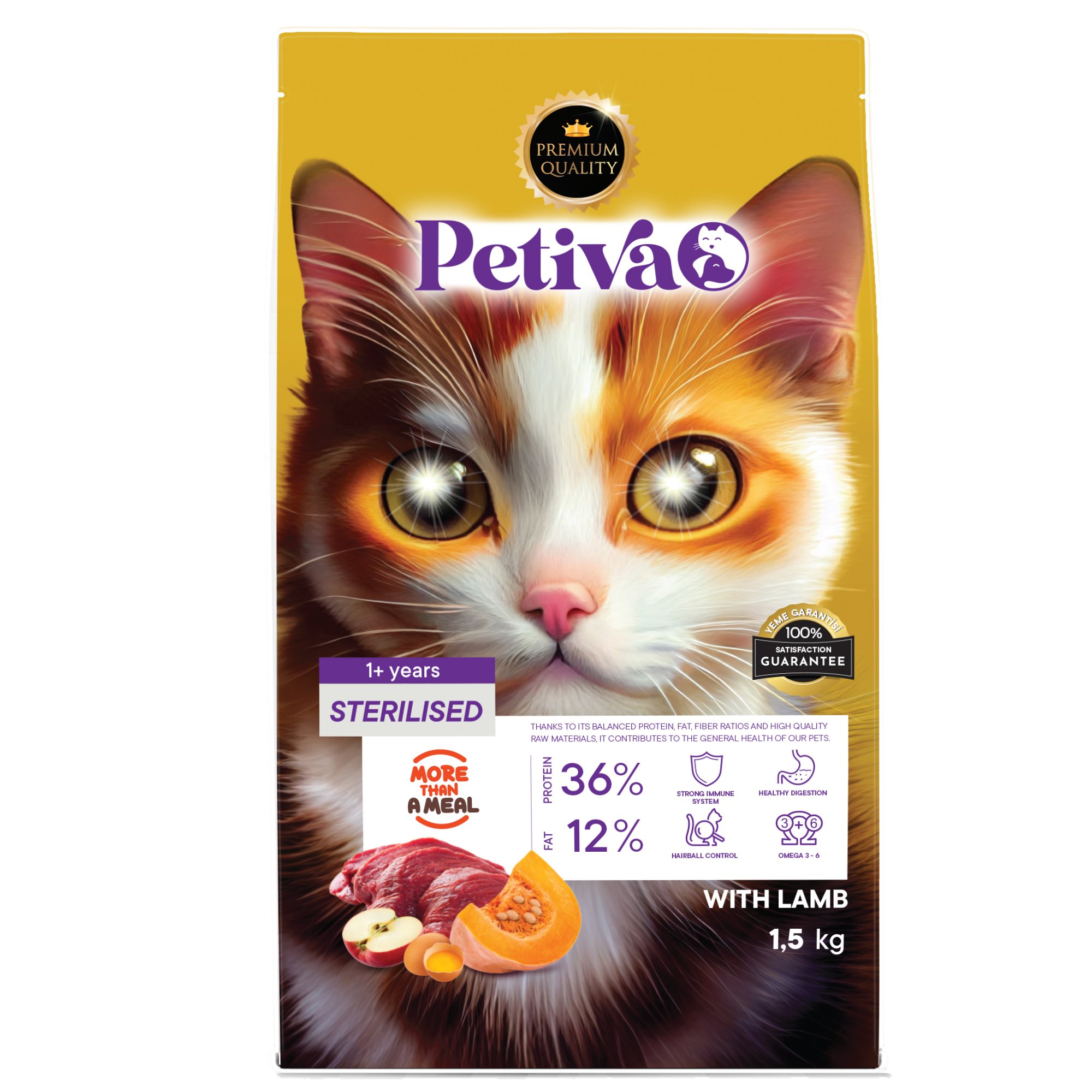 Petiva Kısırlaştırılmış Yetişkin Kediler İçin Kuzu Etli Kuru Kedi Maması 1,5 Kg