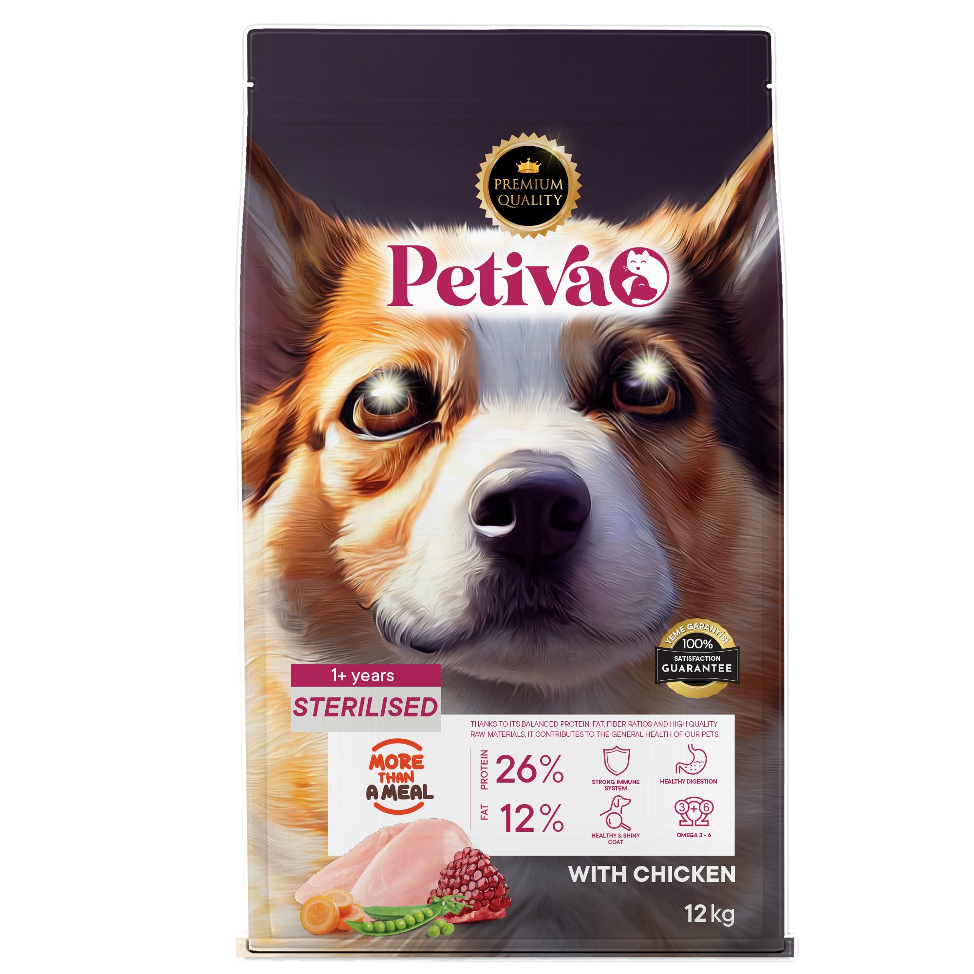 Petiva Kısırlaştırılmış Yetişkin Köpekler İçin Tavuk Etli Kuru Köpek Maması 12 Kg