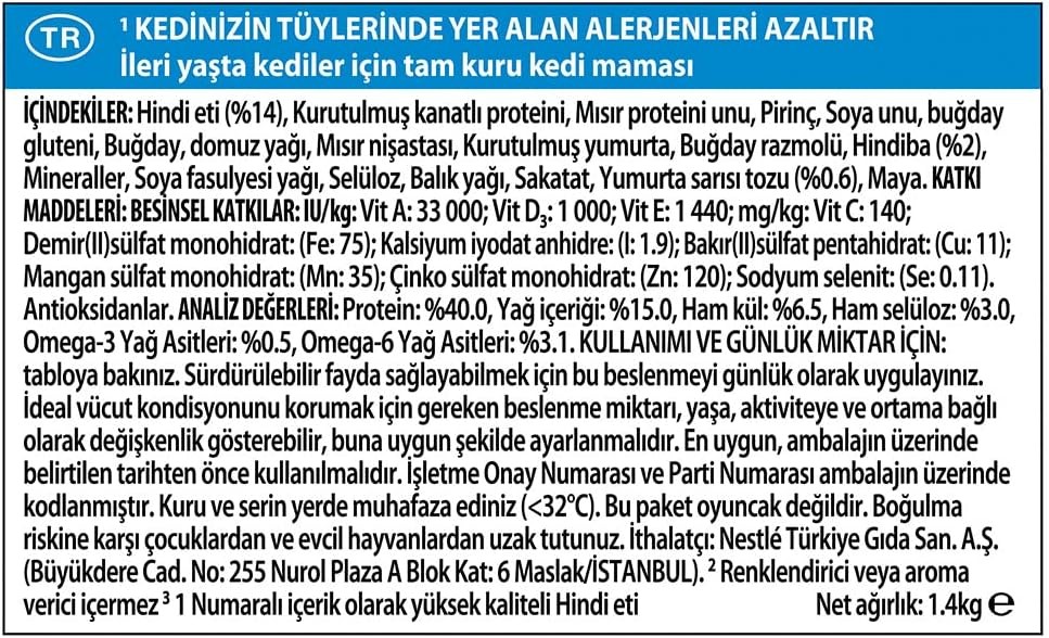 Pro Plan Liveclear Sterilised 7+ Turkey, Hindili Alerjen Azaltan Kısırlaştırılmış Yaşlı Kedi Maması 1,4 Kg