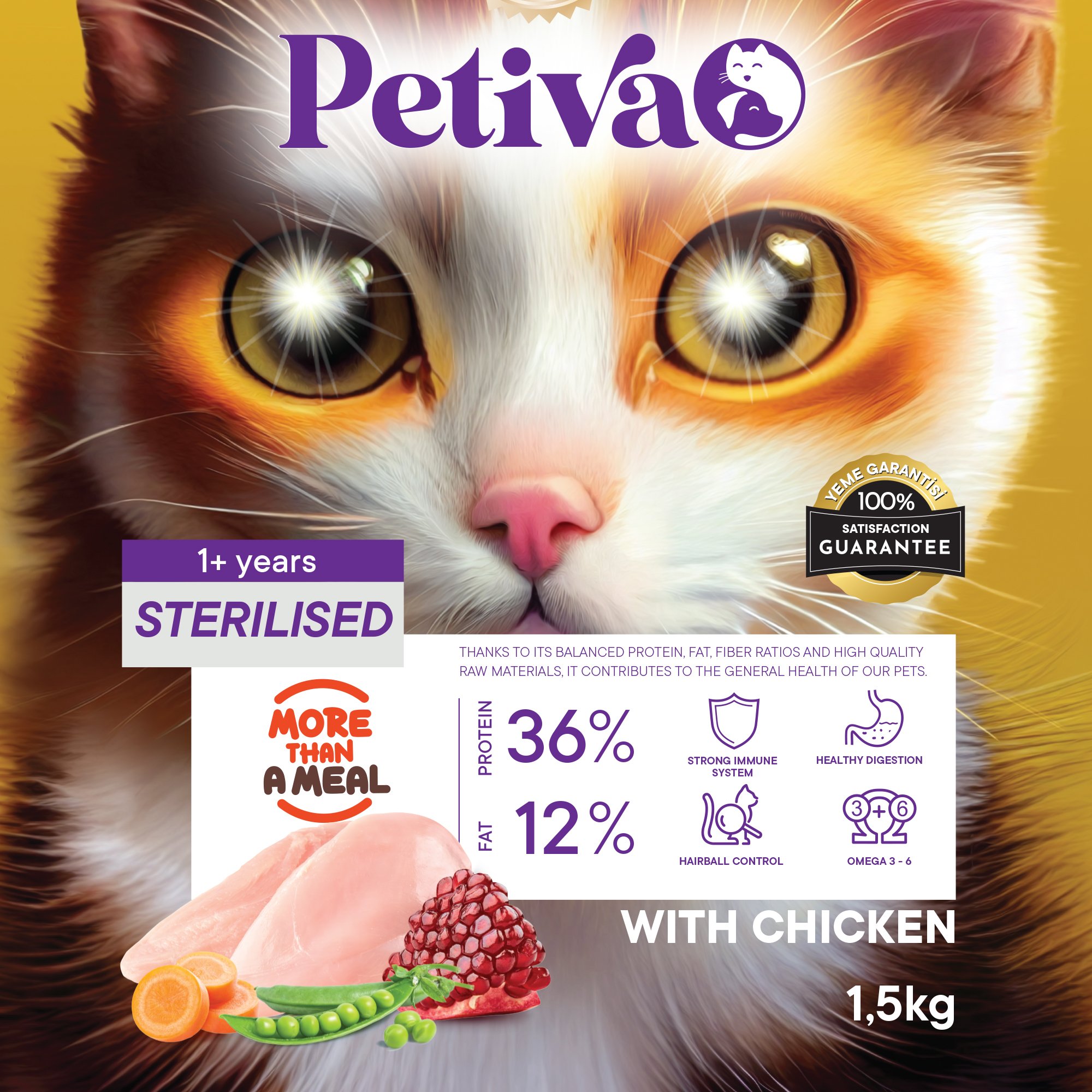 Petiva Kısırlaştırılmış Yetişkin Kediler İçin Tavuk Etli Kuru Kedi Maması 1,5 Kg