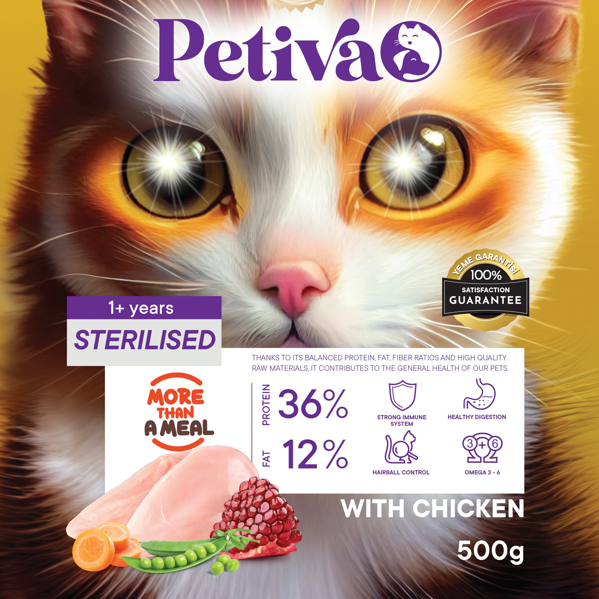 Petiva Kısırlaştırılmış Yetişkin Kediler İçin Tavuk Etli Kuru Kedi Maması 500 G