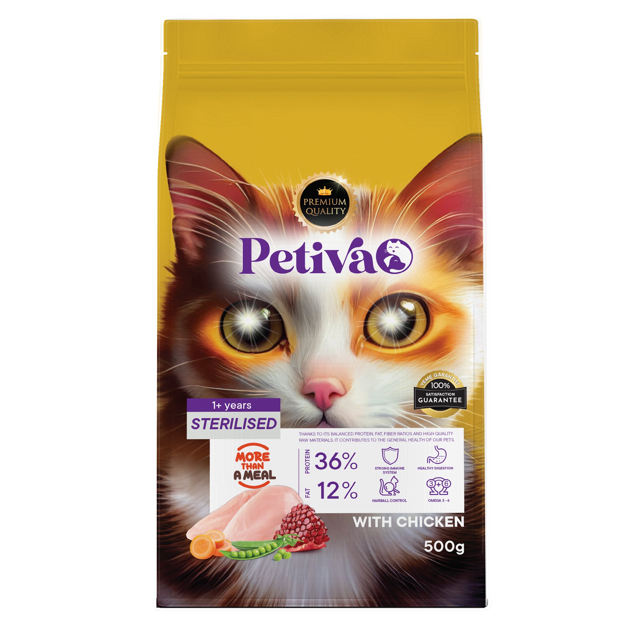 Petiva Kısırlaştırılmış Yetişkin Kediler İçin Tavuk Etli Kuru Kedi Maması 500 G