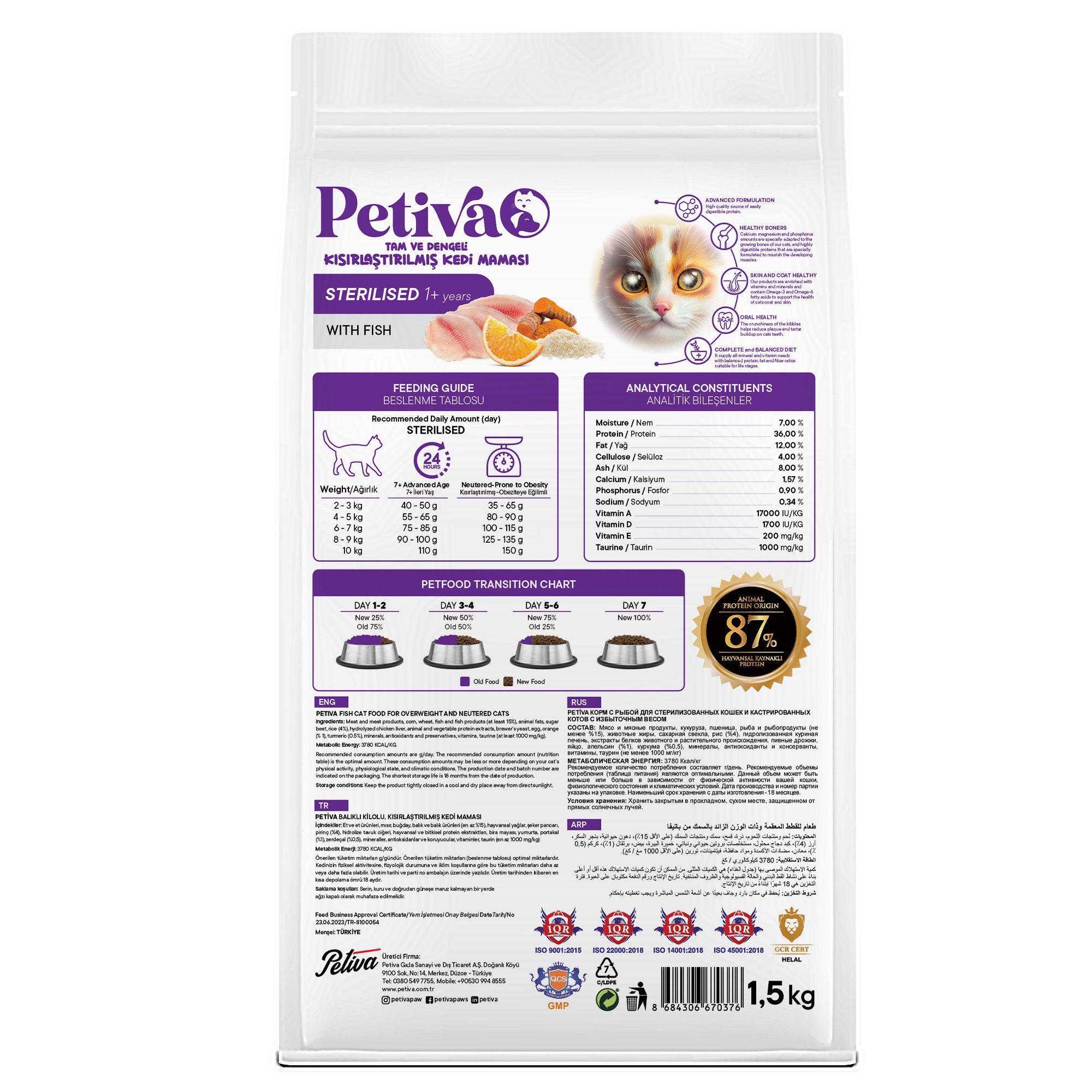 Petiva Kısırlaştırılmış Yetişkin Kediler İçin Balık Etli Kuru Kedi Maması 1,5 Kg