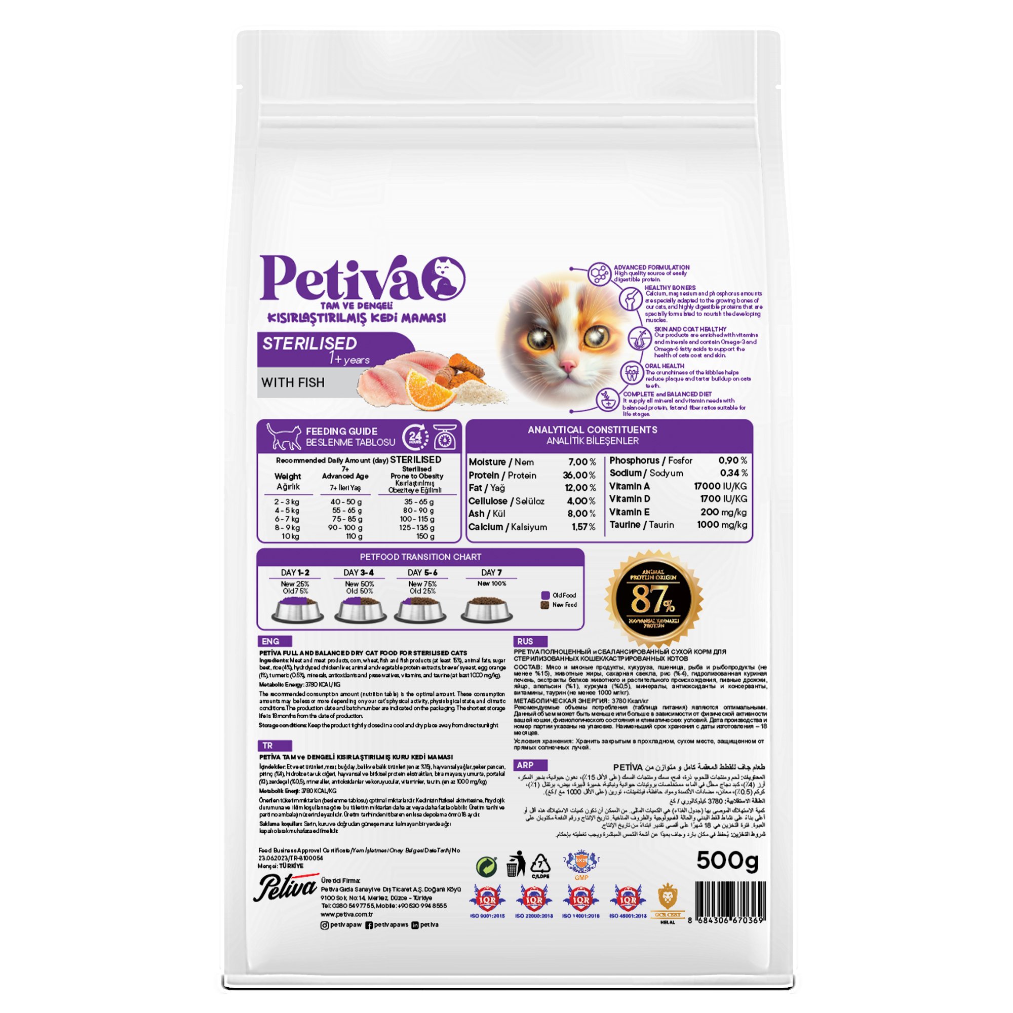 Petiva Kısırlaştırılmış Yetişkin Kediler İçin Balık Etli Kuru Kedi Maması 500 G