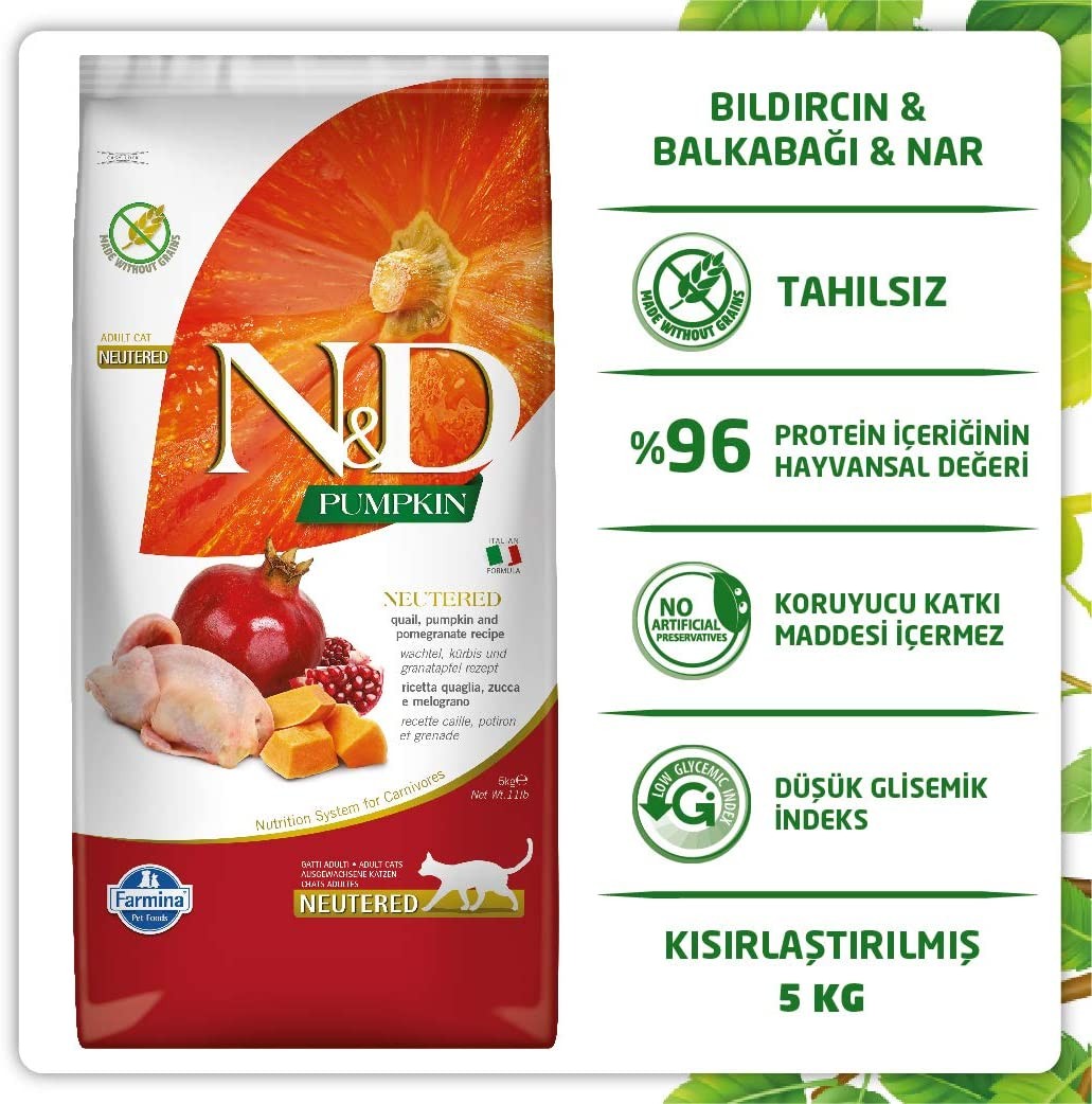 N&D Pumpkin Tahılsız Bıldırcın & Nar Kısırlaştırılmış Yetişkin Kedi Maması, 5 Kg