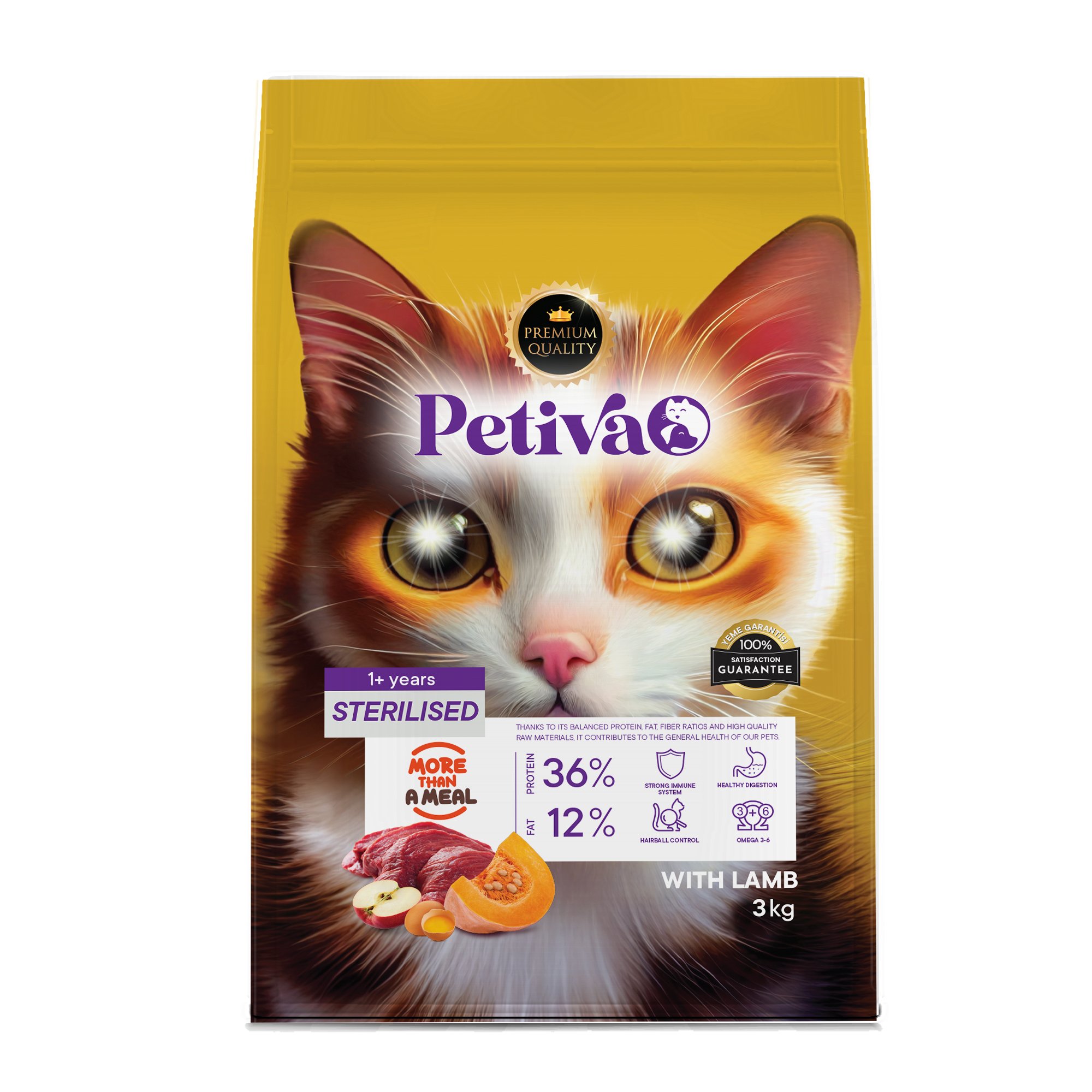 Petiva Kısırlaştırılmış Yetişkin Kediler İçin Kuzu Etli Kuru Kedi Maması 3 Kg