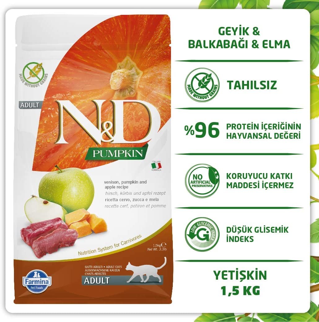 N&D Pumpkin Tahılsız Geyik & Elma Kedi Maması, 1,5 Kg