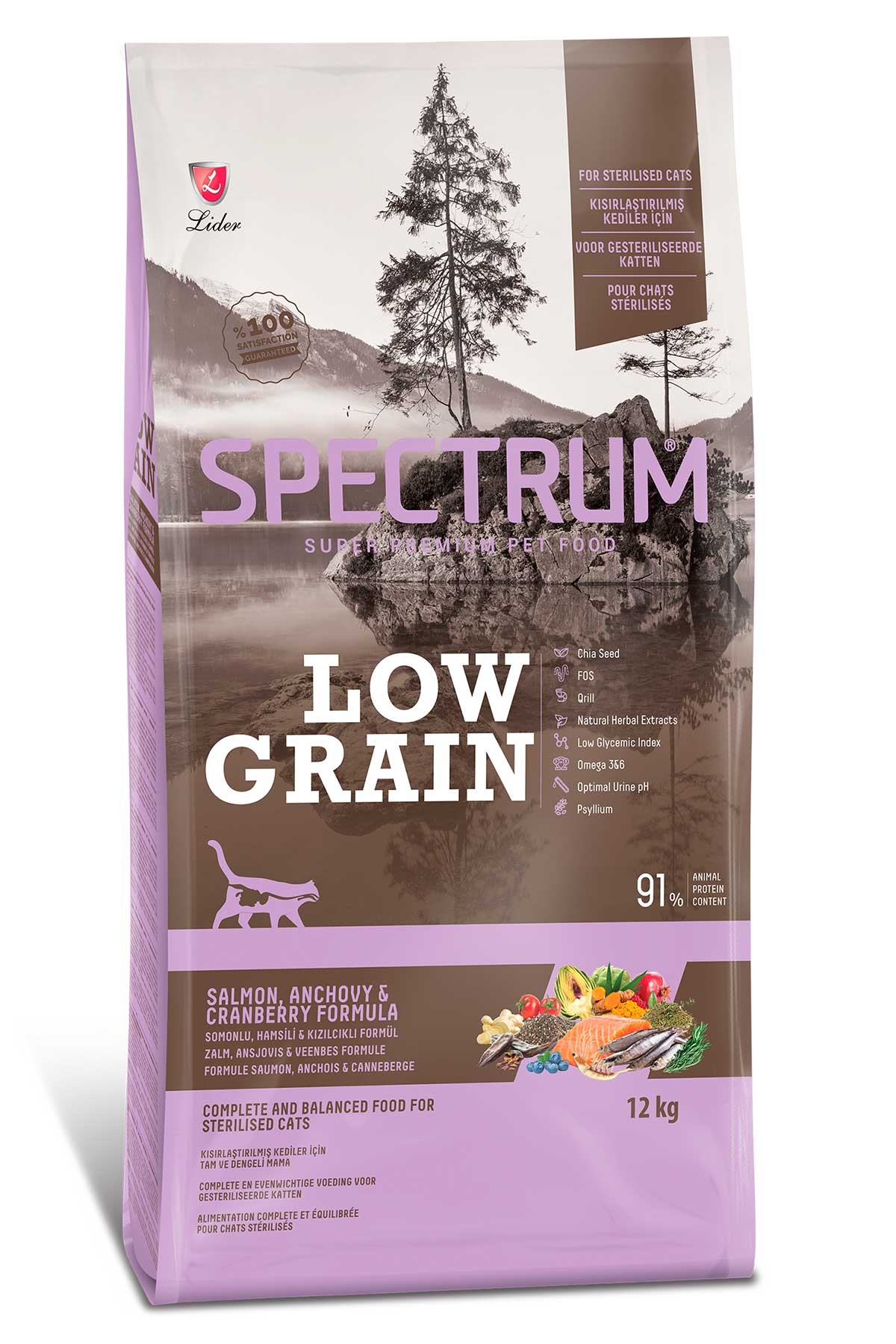 Spectrum Low Grain Sterilised Salmon&Anchovy&Cranberry, Somonlu,Hamsili ve Kızılcıklı Kısırlaştırılmış Kedi Kuru Maması 12 Kg