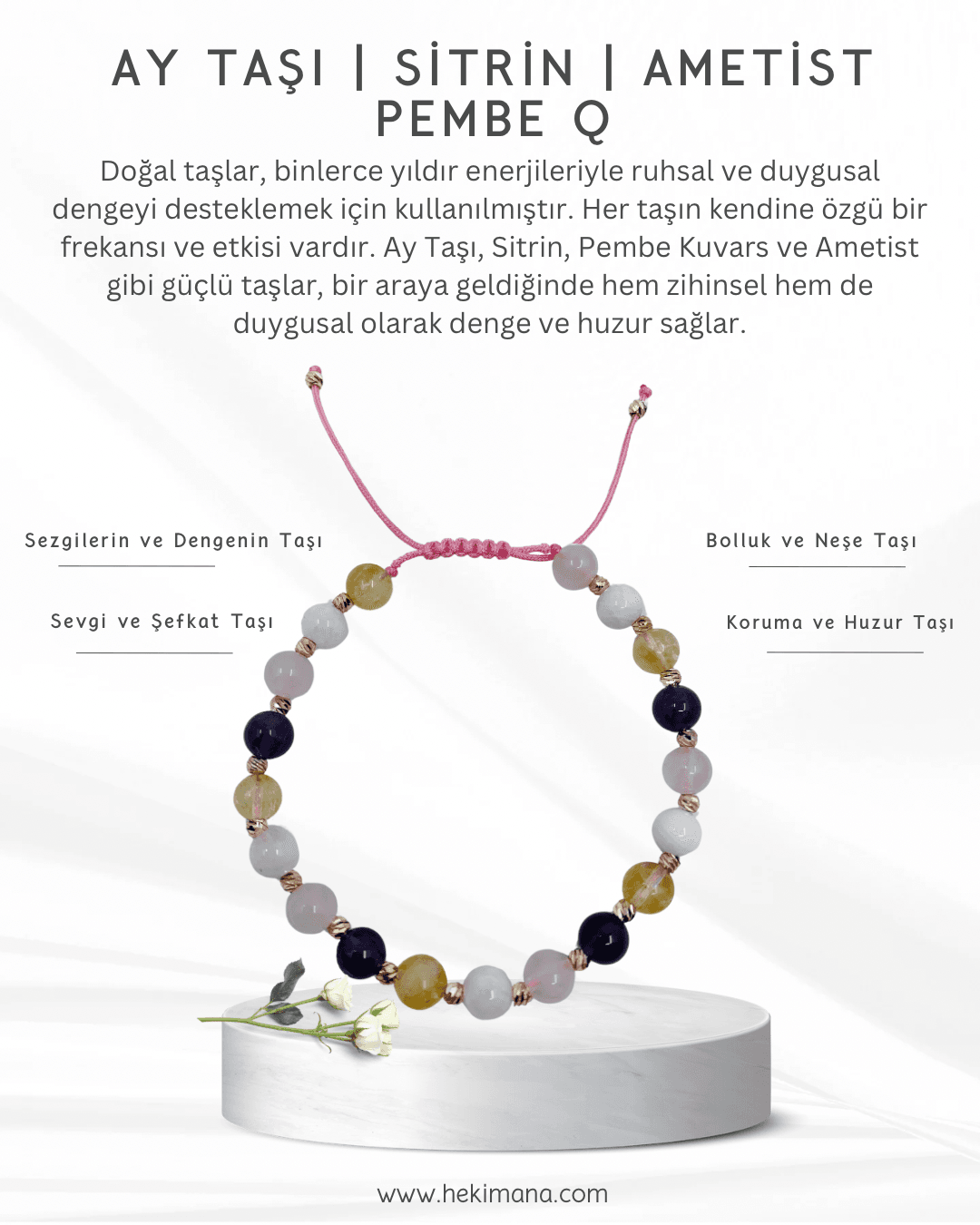 Ay Taşı, Sitrin, Ametist, Pembe Kuvars Bileklik