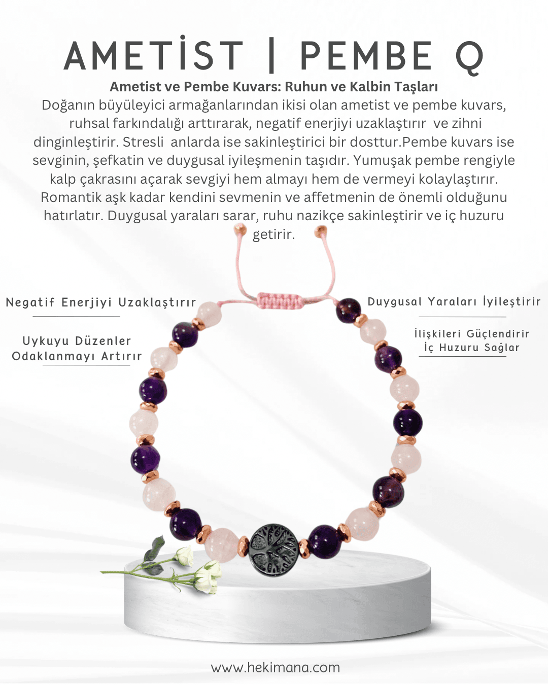 Ametist - Pembe Quartz Bileklik