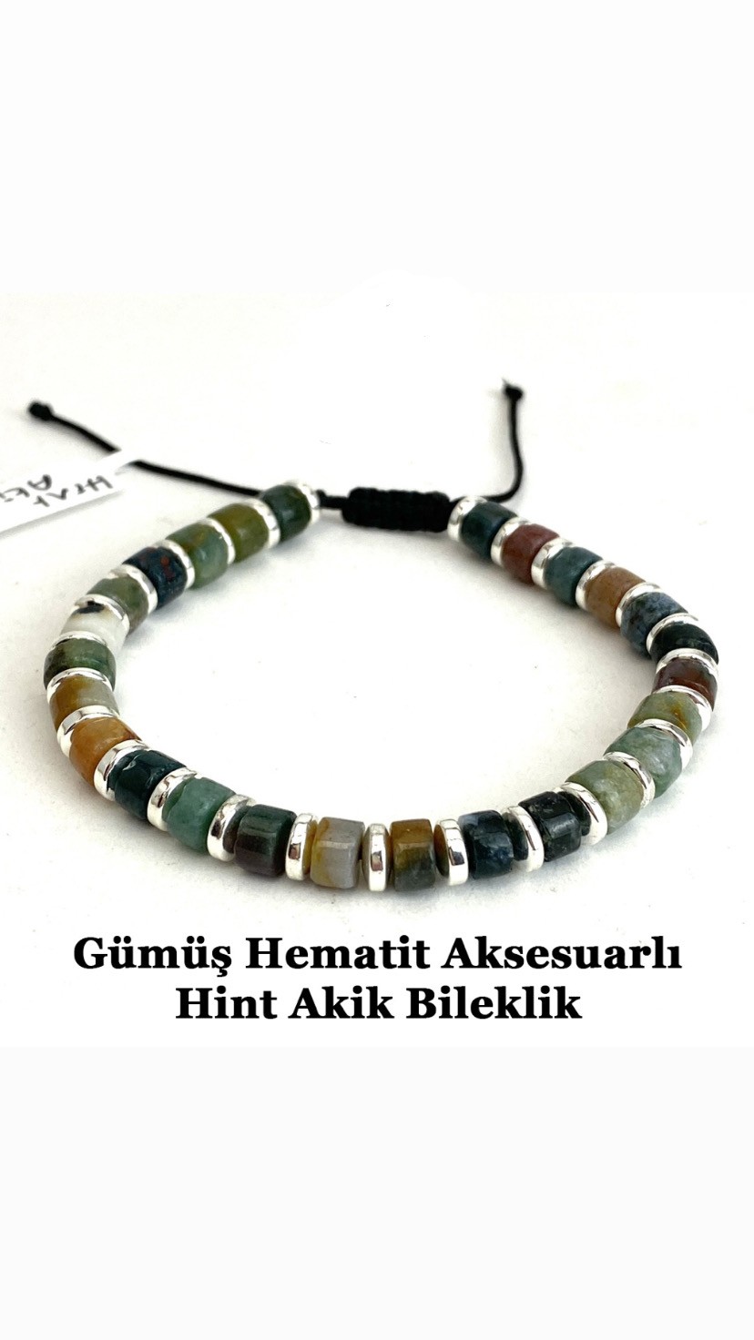 Gümüş Hematit Aksesuarlı Hint Akiği Bileklik