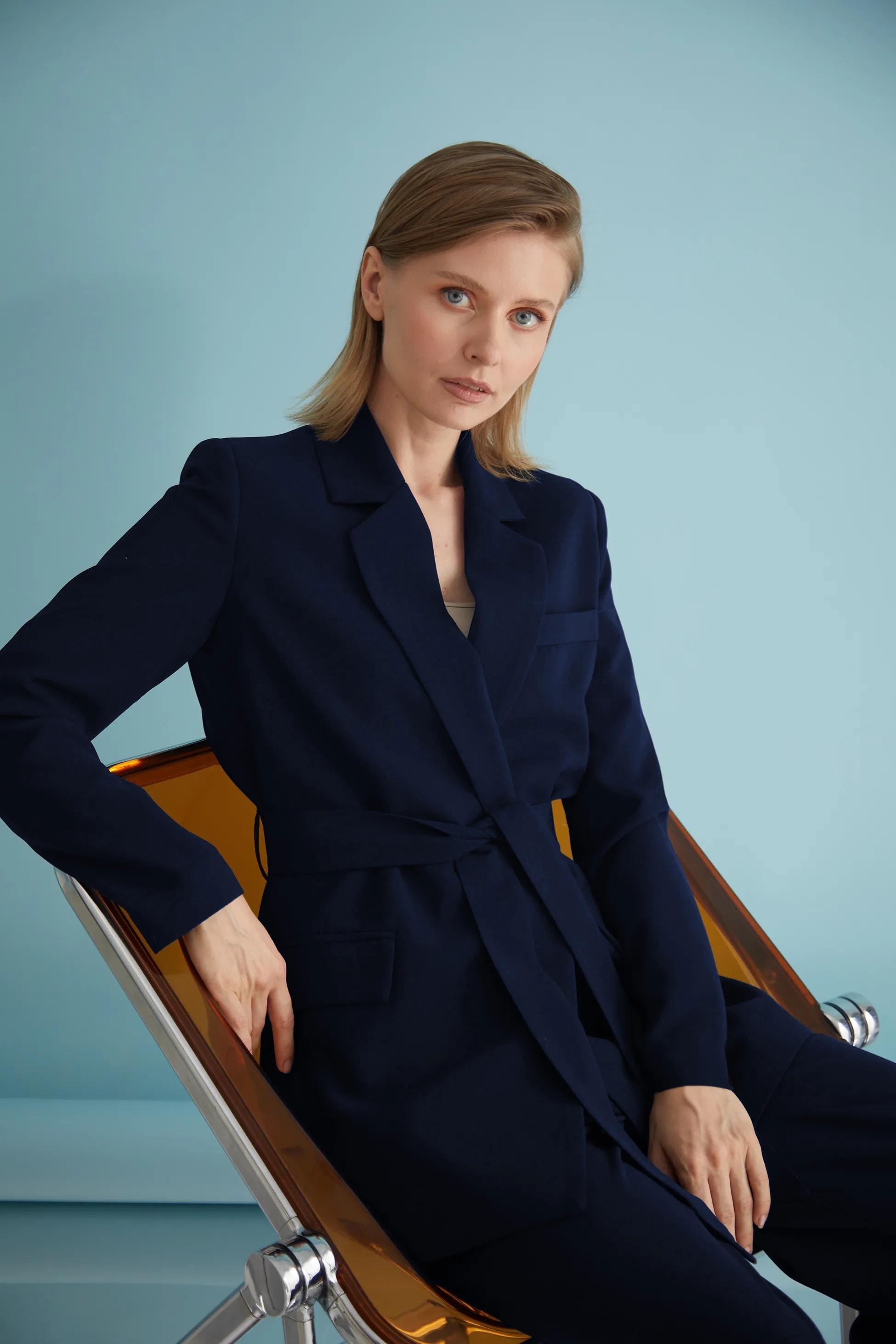 Double Breasted Collar Belted Blazer Navy Blue
