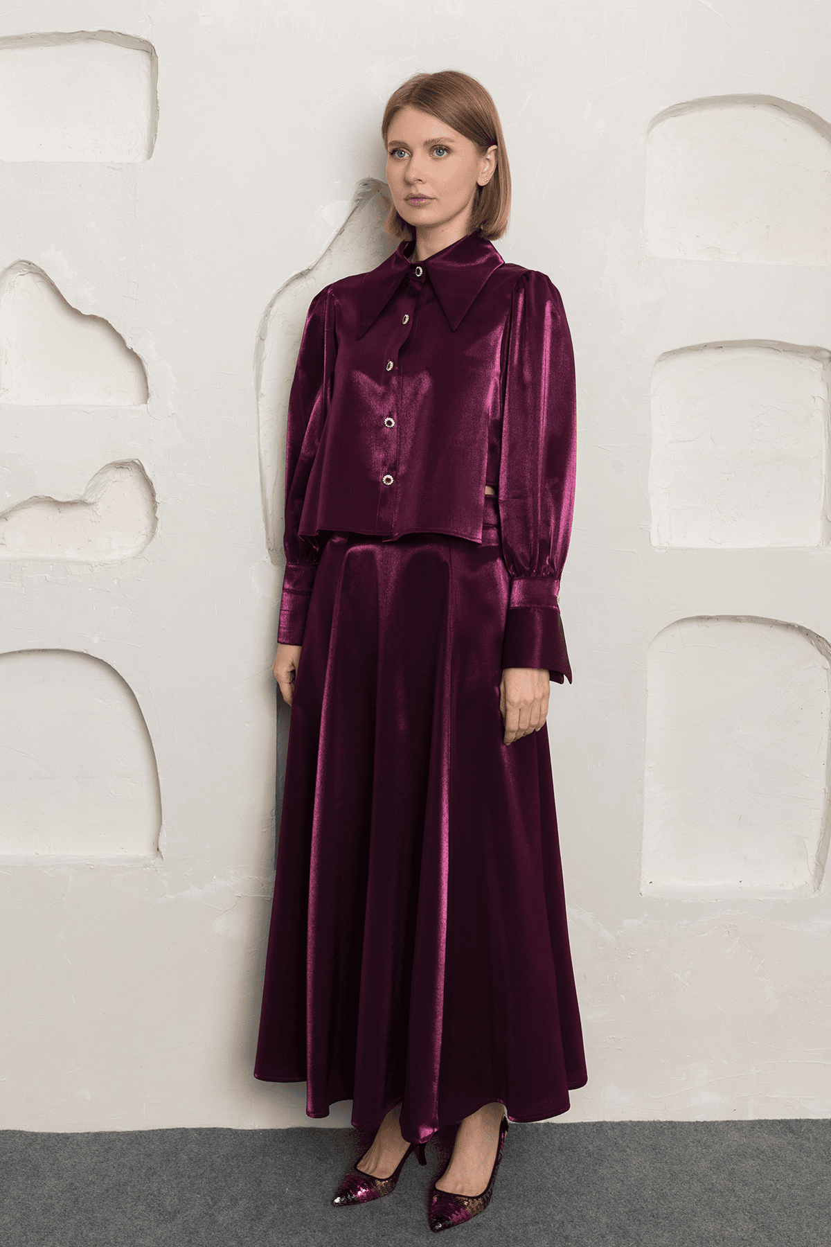 Satin Skirt Shirt Suit Plum