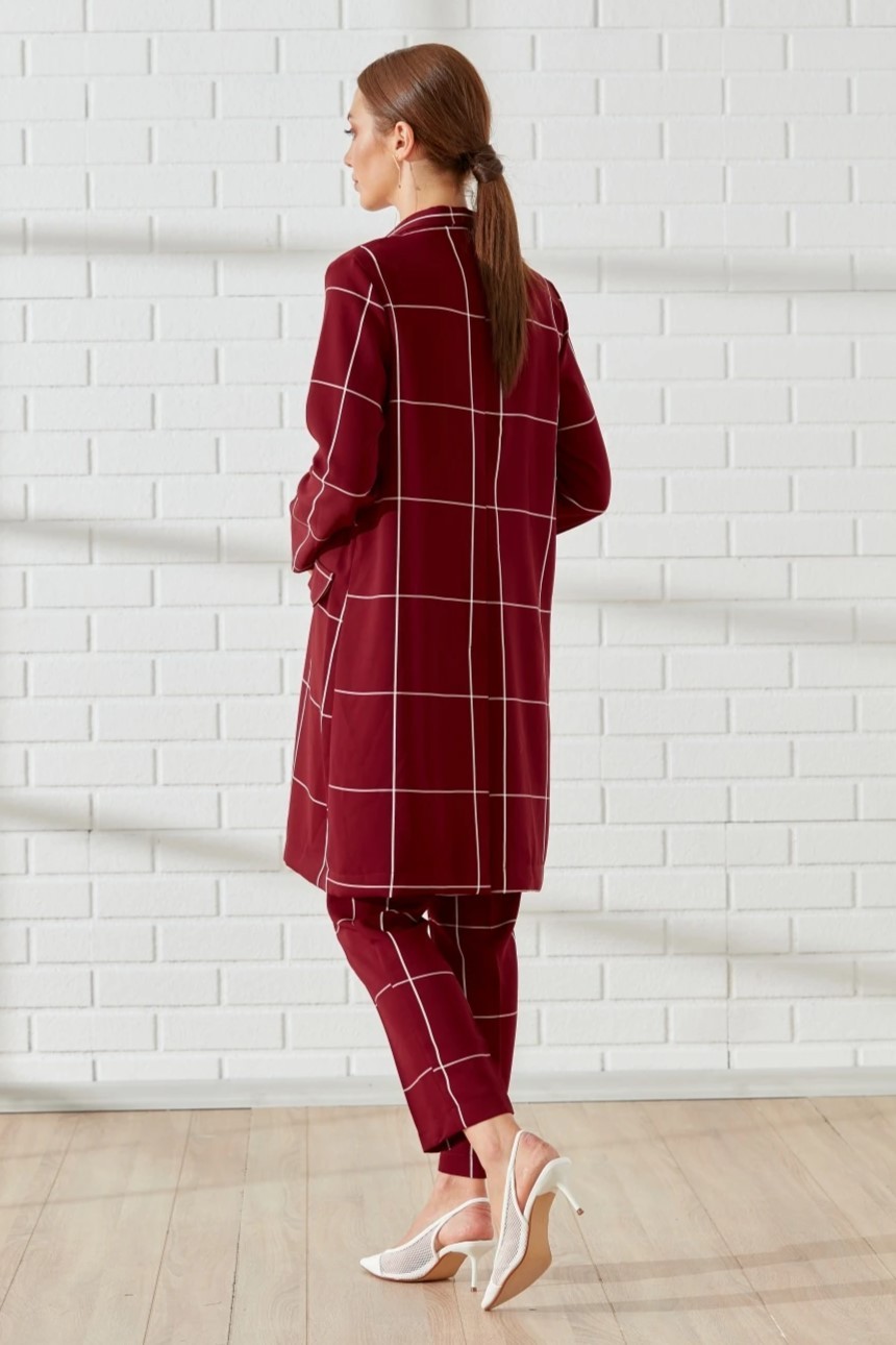 Kruvaze Yaka Çizgili Blazer Takım
