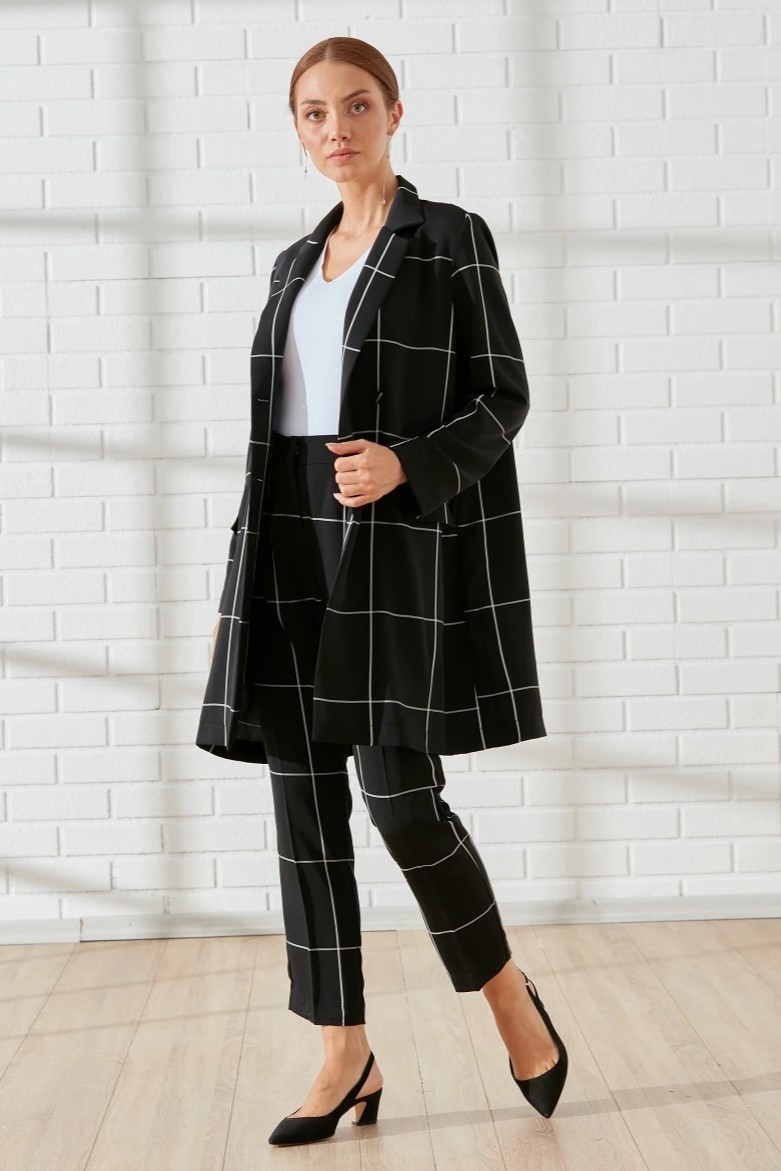 Kruvaze Yaka Çizgili Blazer Takım