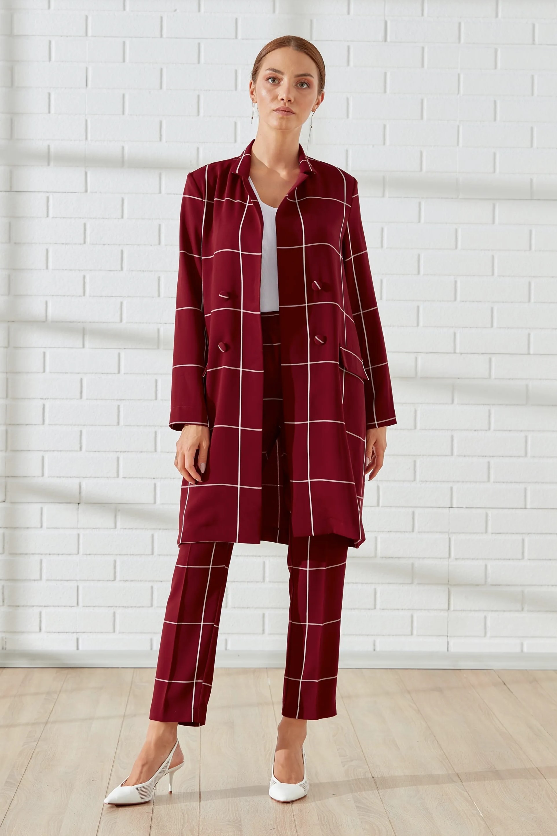 Kruvaze Yaka Çizgili Blazer Takım