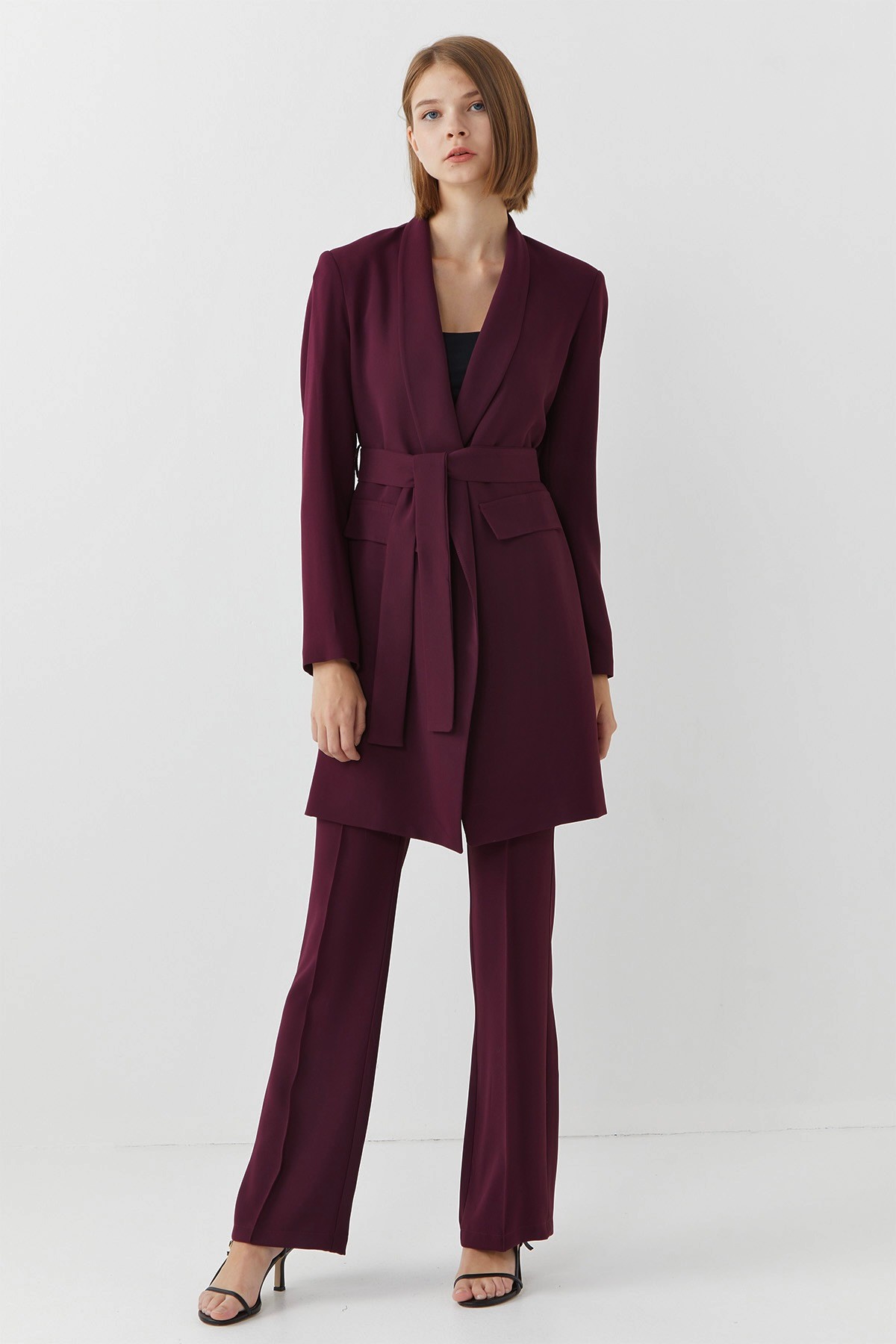 Shawl Collar With Belt Suit Plum