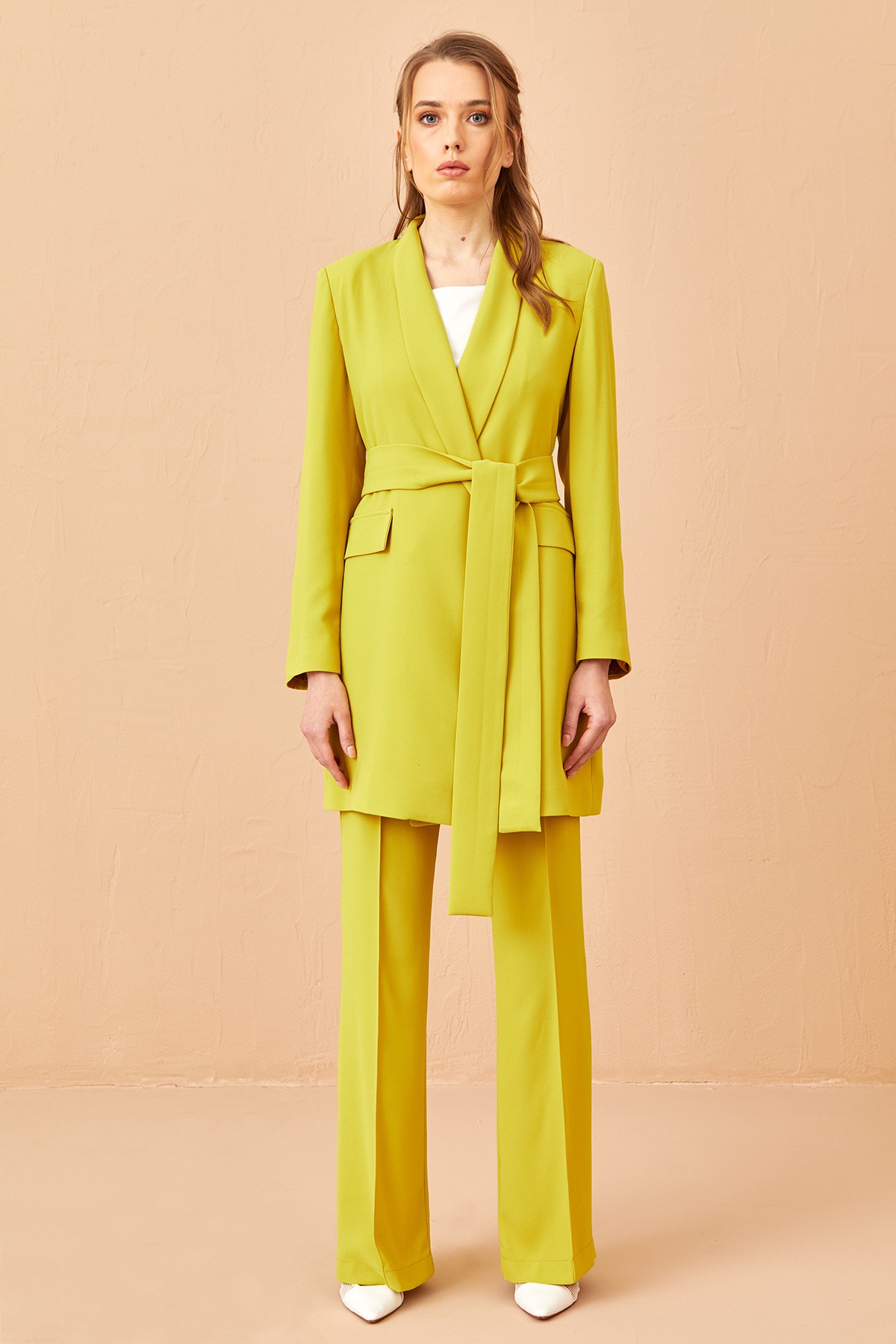 Shawl Collar With Belt Suit Yellow