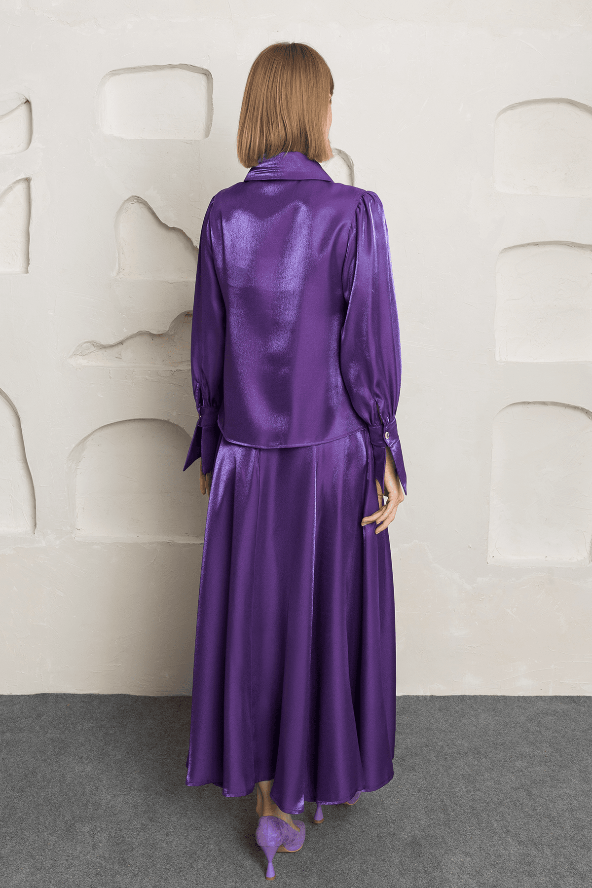 Satin Skirt Shirt Suit Purple