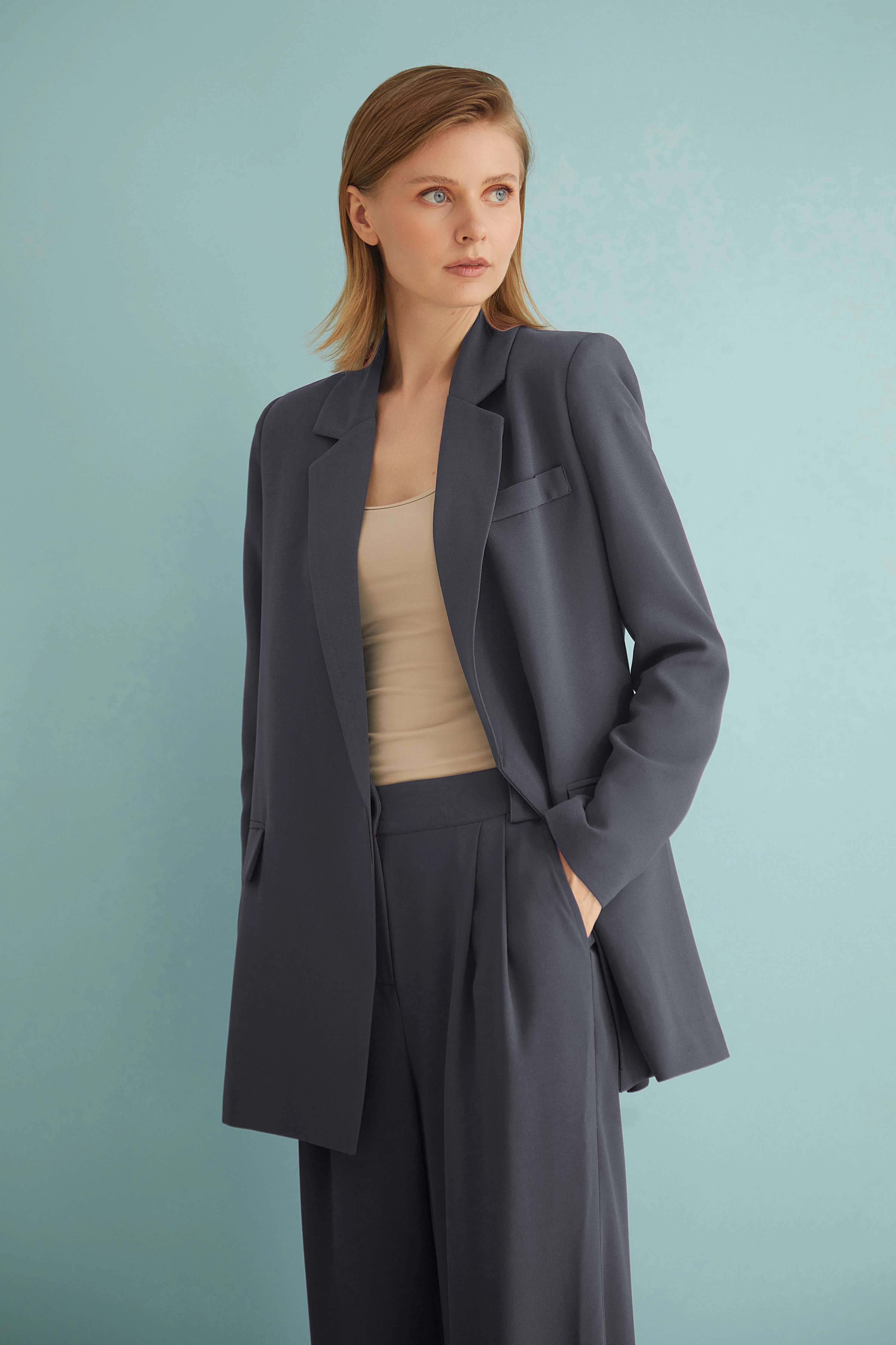 Double Breasted Collar Belted Blazer Brown