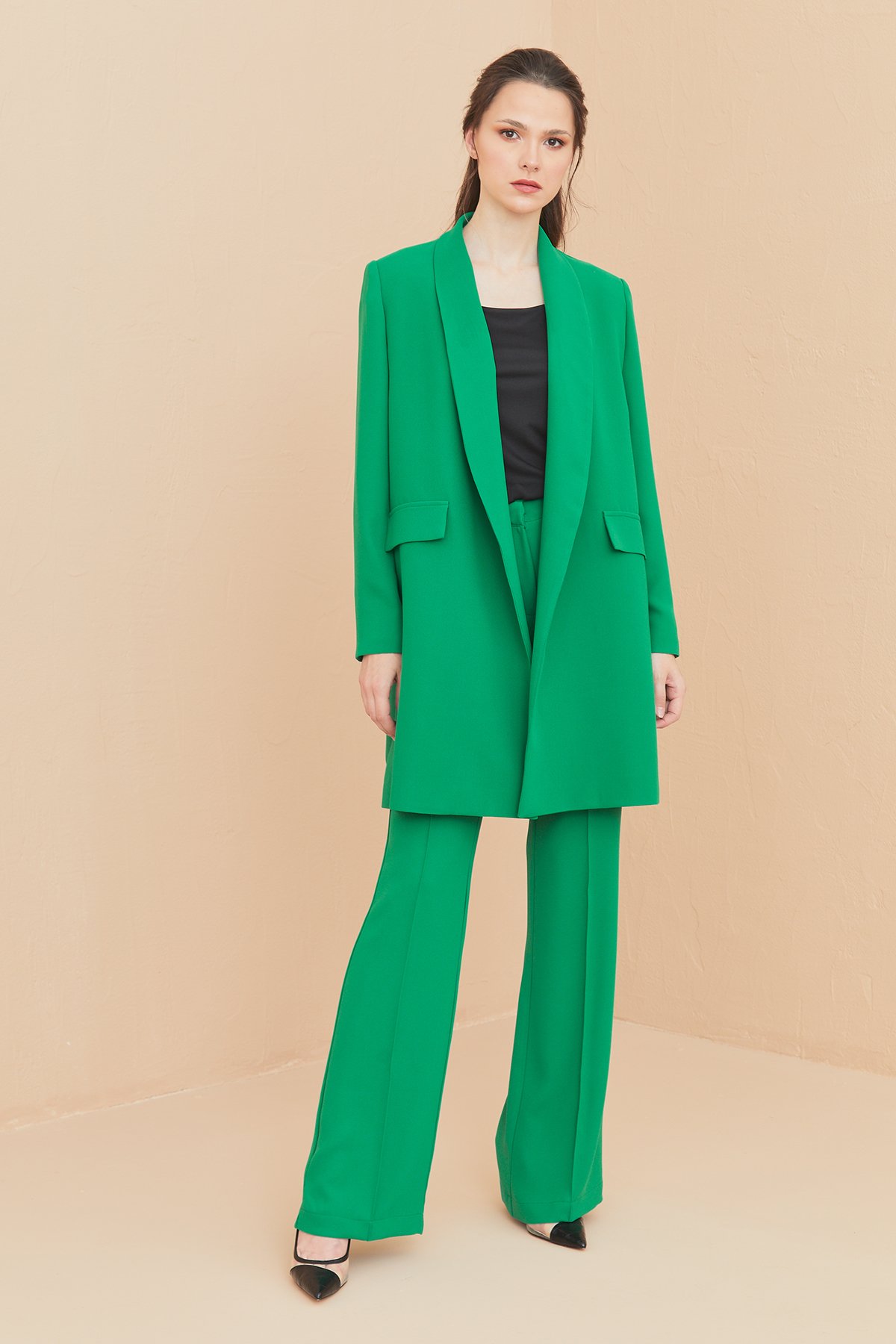 Shawl Collar With Belt Suit Green
