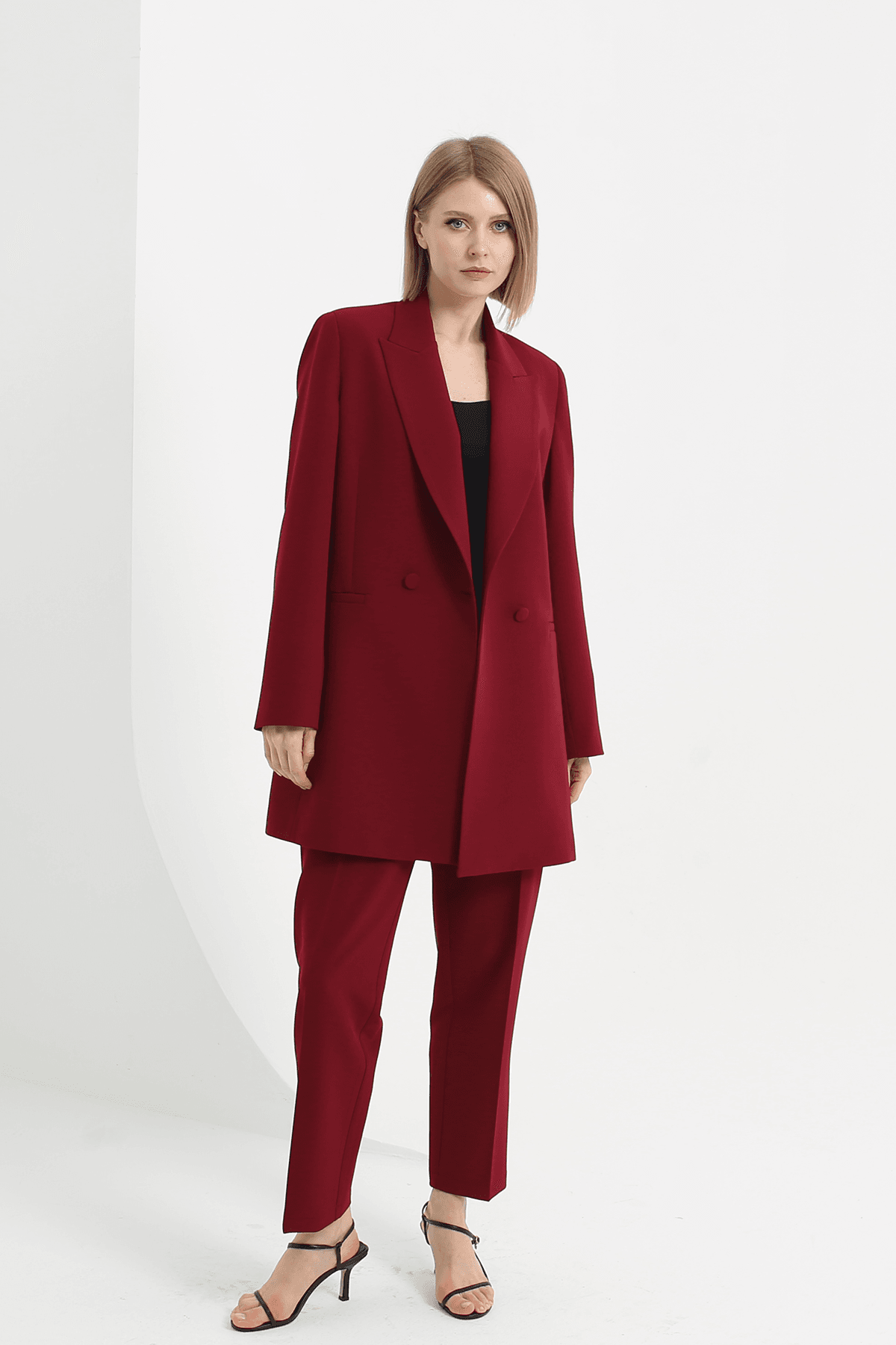 Kruvaze Düğmeli Blazer Takım Bordo