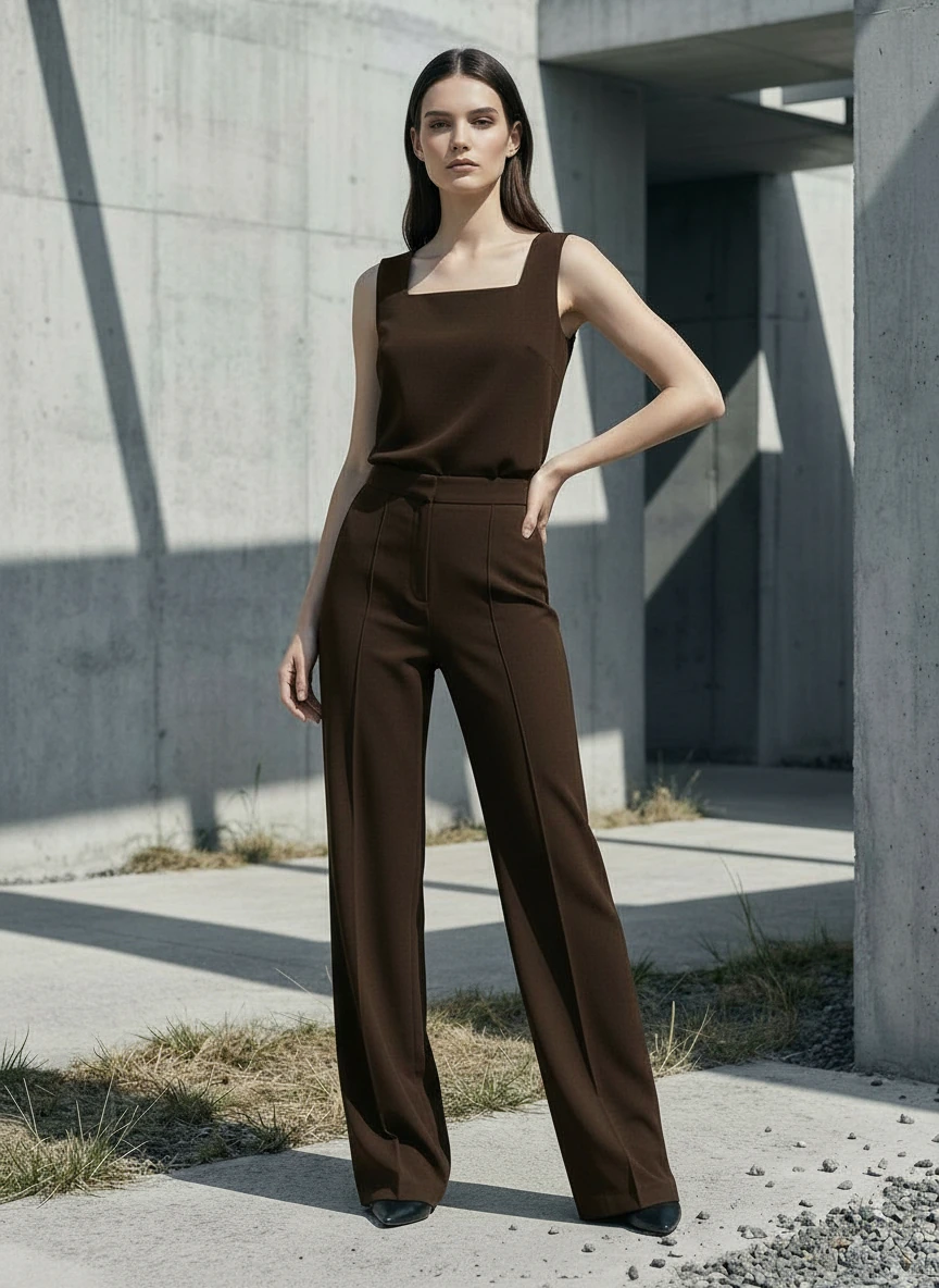 Bol Paça Krep Pantolon Kahverengi