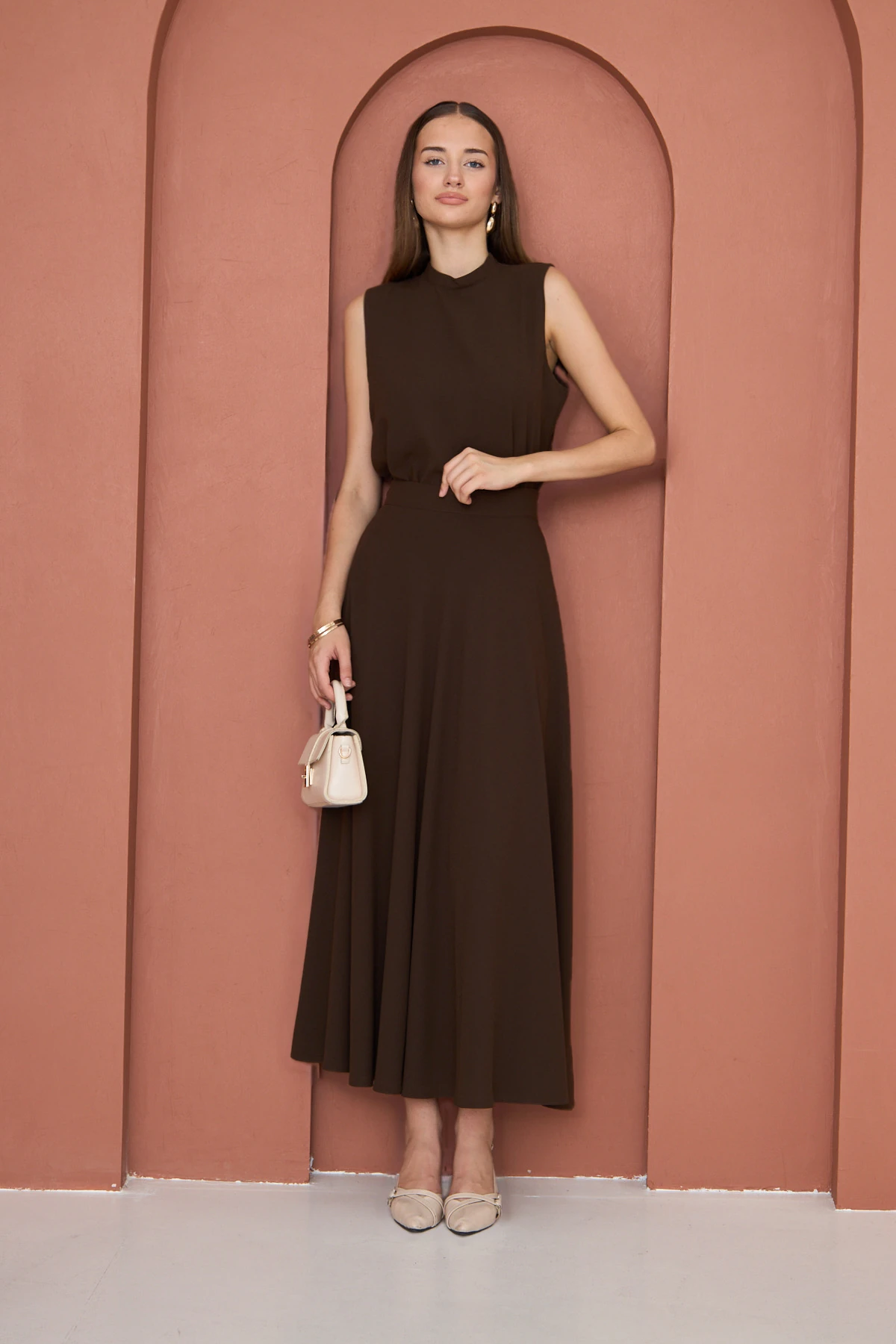 Yüksek Bel Kloş Etek Kahverengi