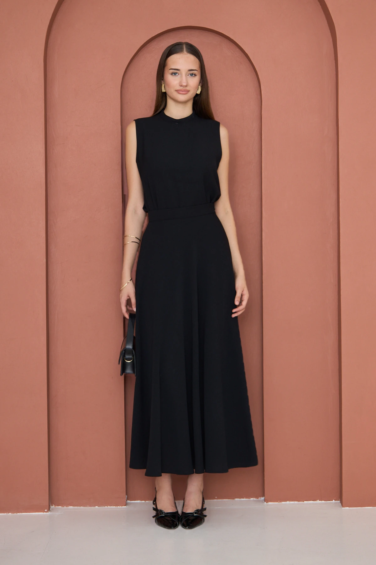 Yüksek Bel Kloş Etek Siyah