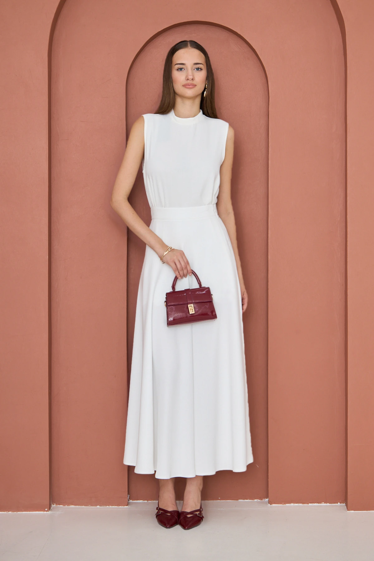 Yüksek Bel Kloş Etek Ekru