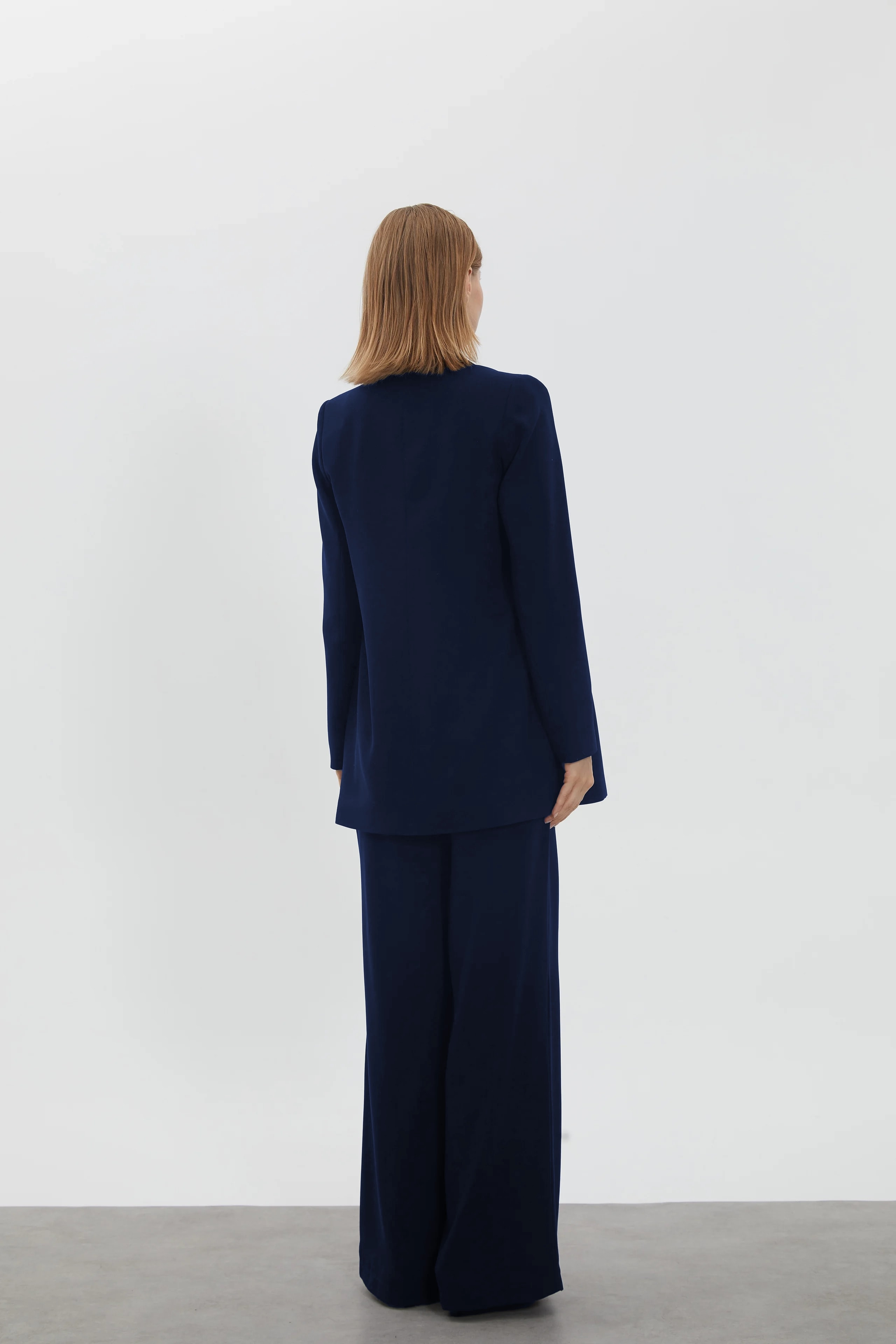 Double Breasted Collar Belted Blazer Navy Blue