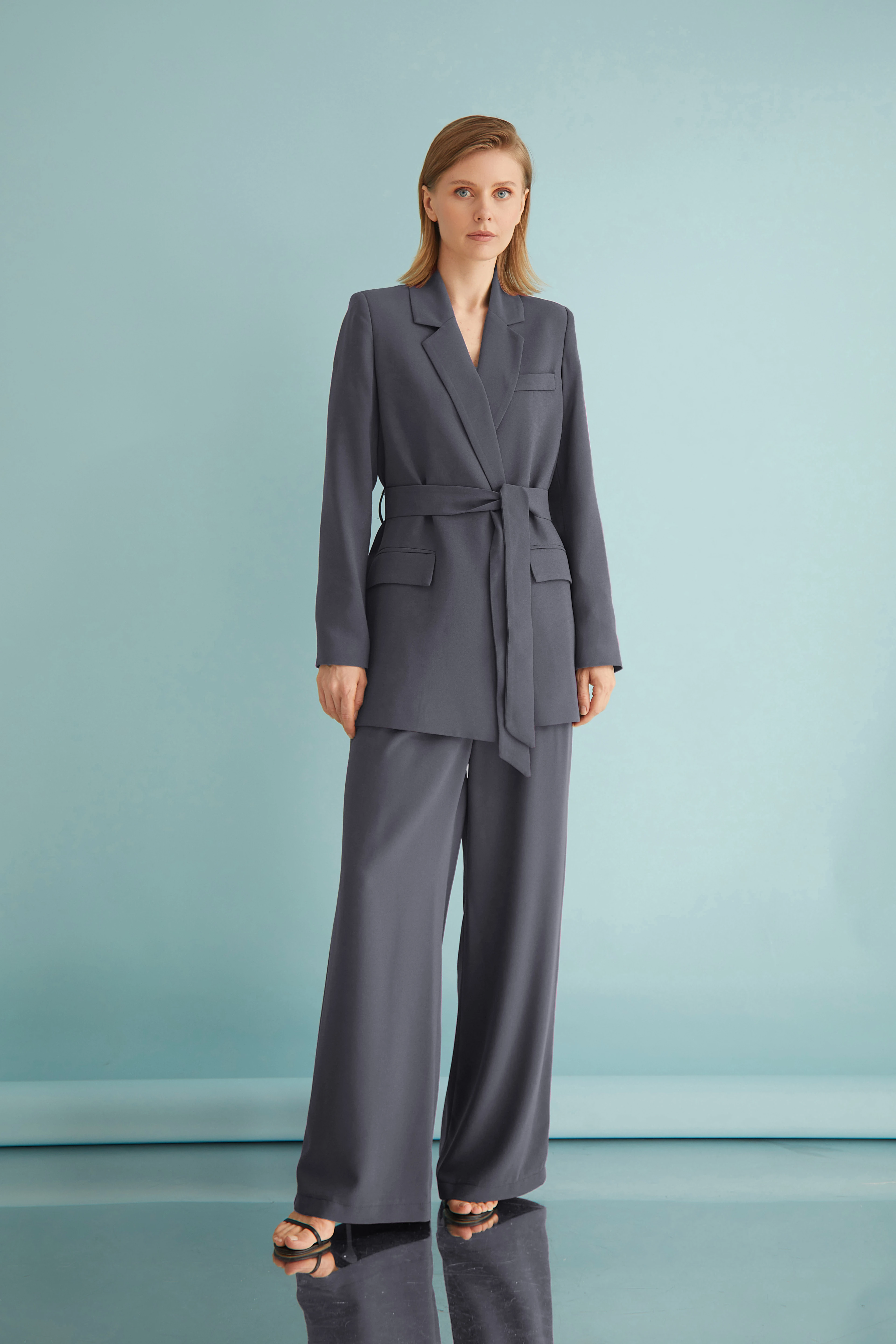 Double Breasted Collar Belted Blazer Brown