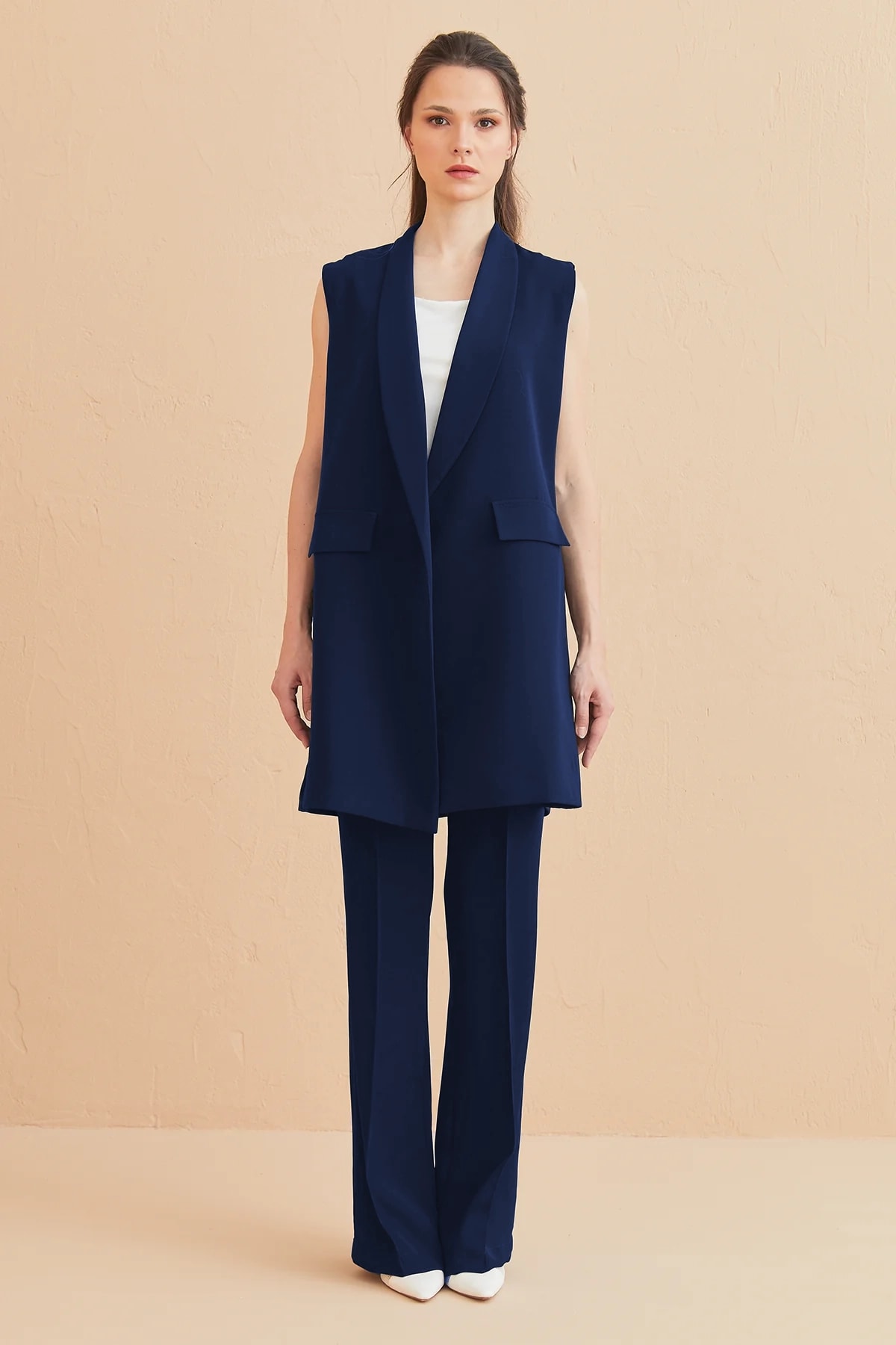 Kuşaklı Yelek Pantolon Takım Lacivert