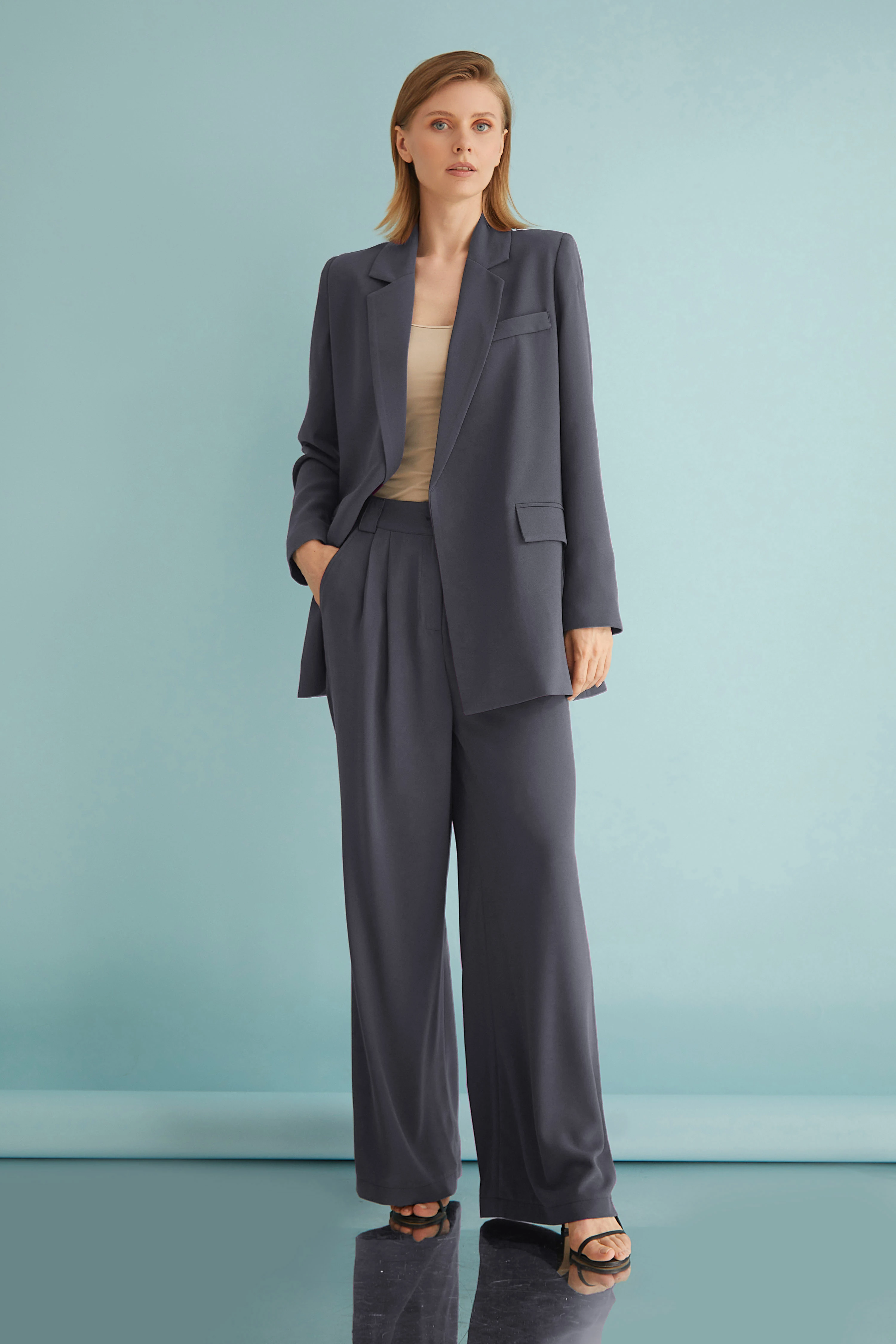 Double Breasted Collar Belted Blazer Brown