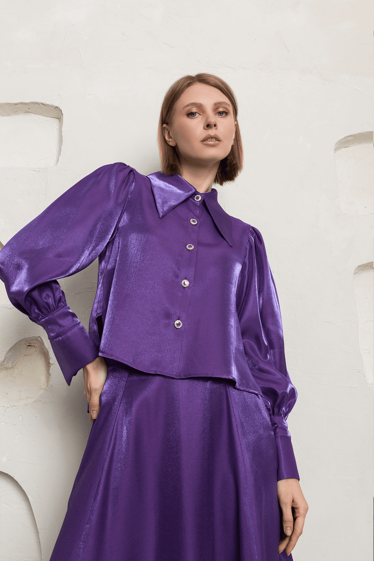 Satin Skirt Shirt Suit Purple