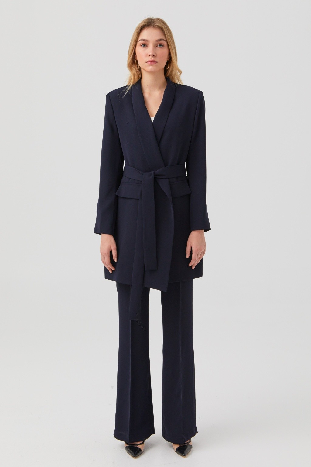 Shawl Collar With Belt Suit Navy Blue