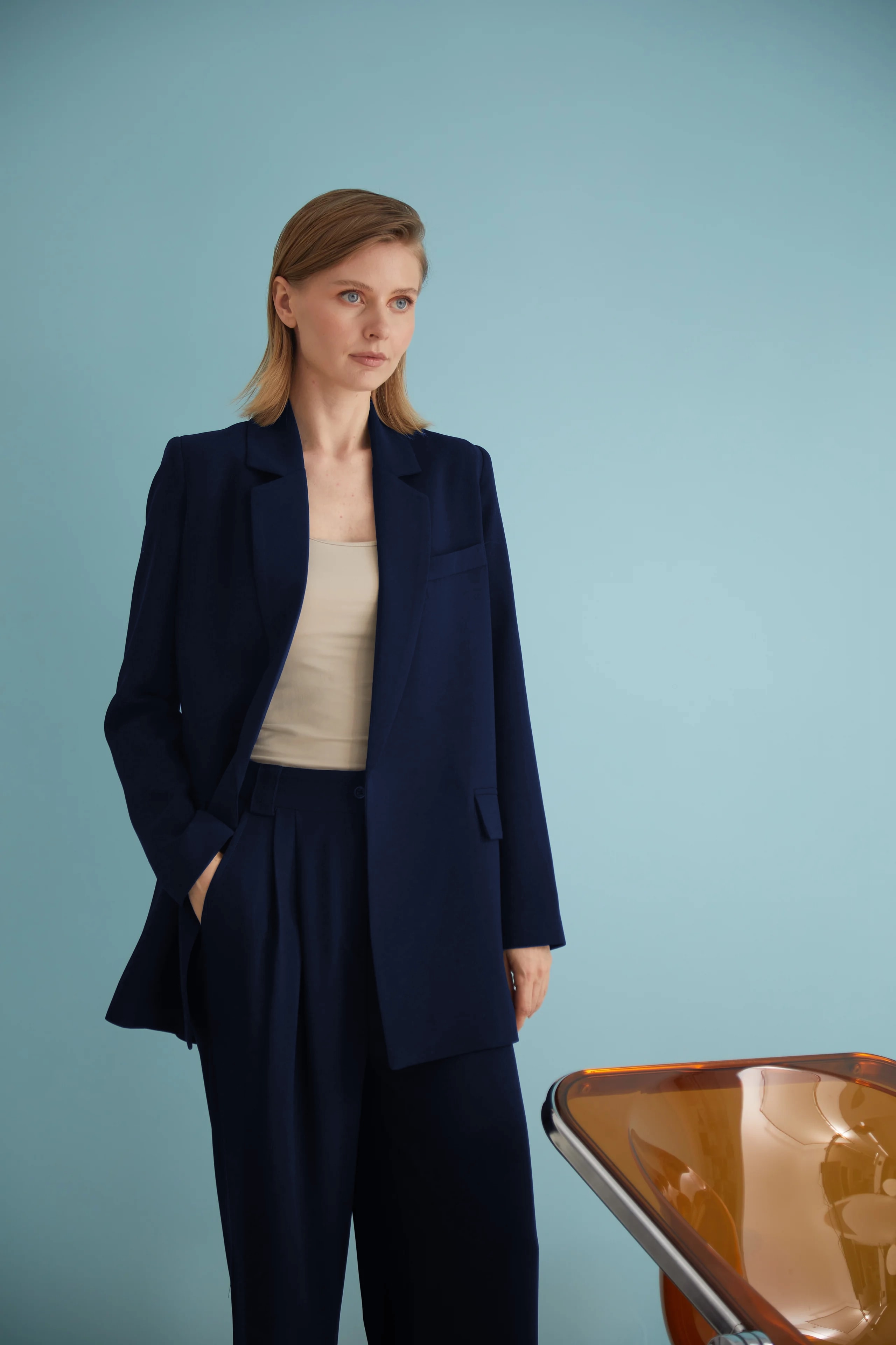 Double Breasted Collar Belted Blazer Navy Blue