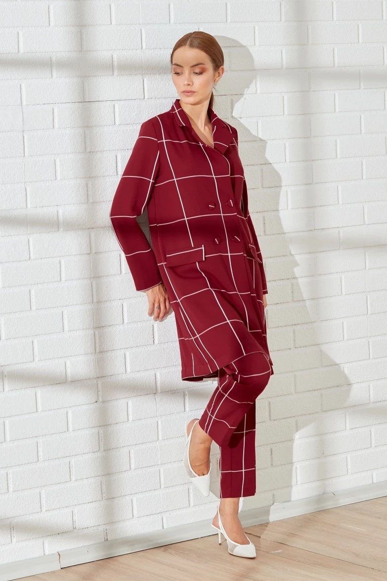 Kruvaze Yaka Çizgili Blazer Takım