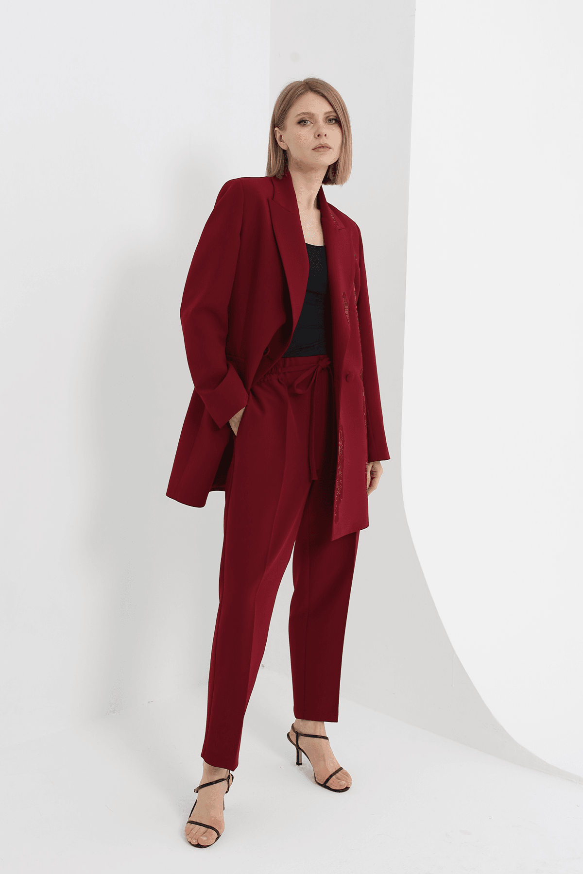 Kruvaze Düğmeli Blazer Takım Bordo