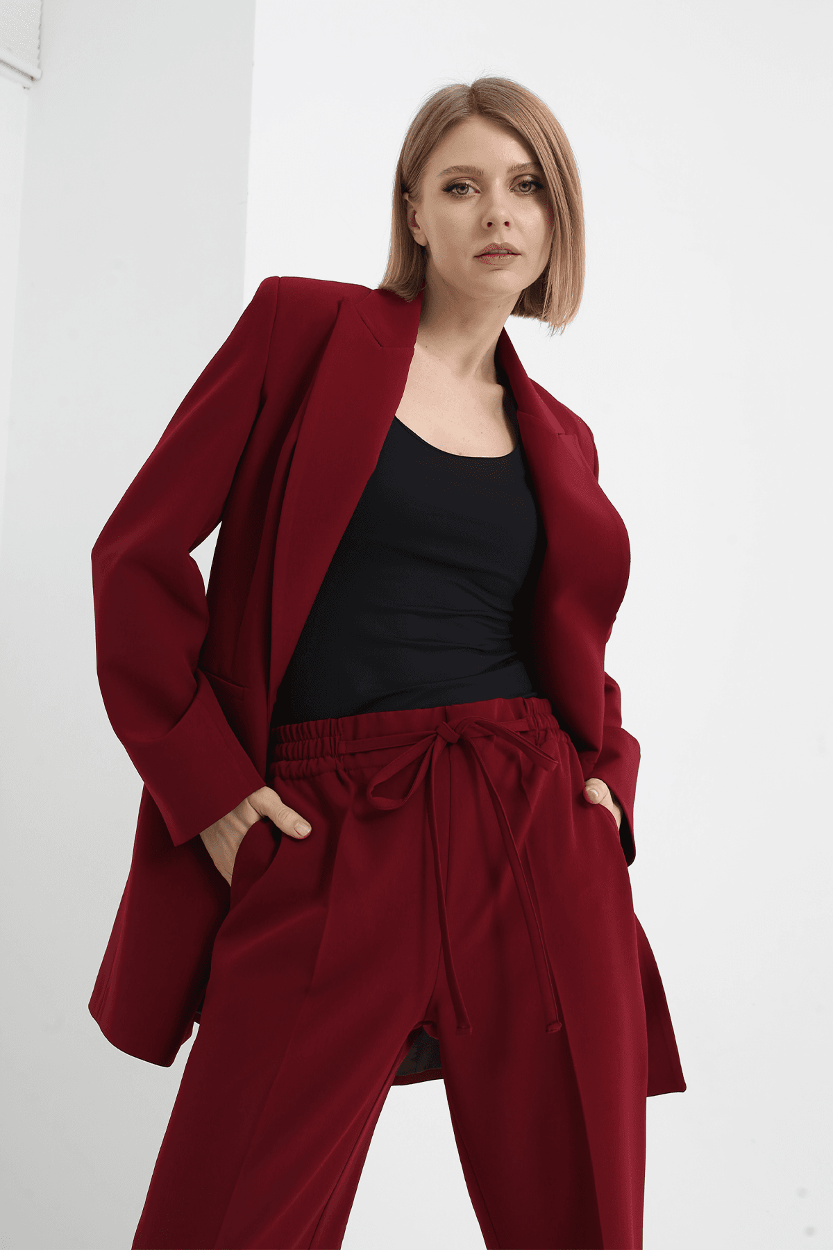 Kruvaze Düğmeli Blazer Takım Bordo