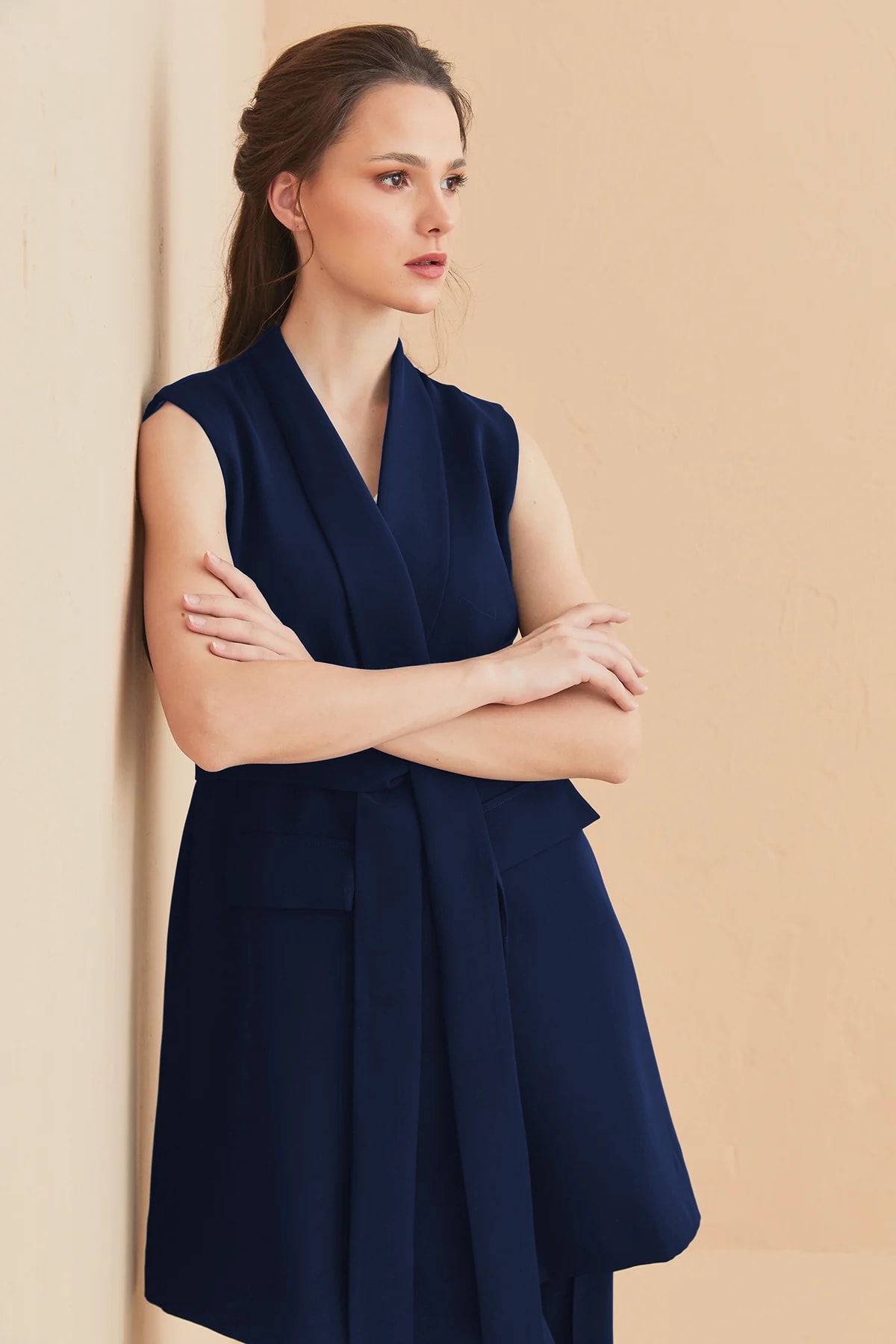 Kuşaklı Yelek Pantolon Takım Lacivert