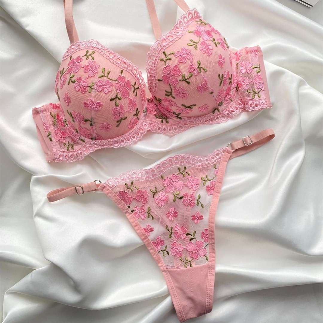 Soutien-gorge push-up et string brodé - Pink Clear image