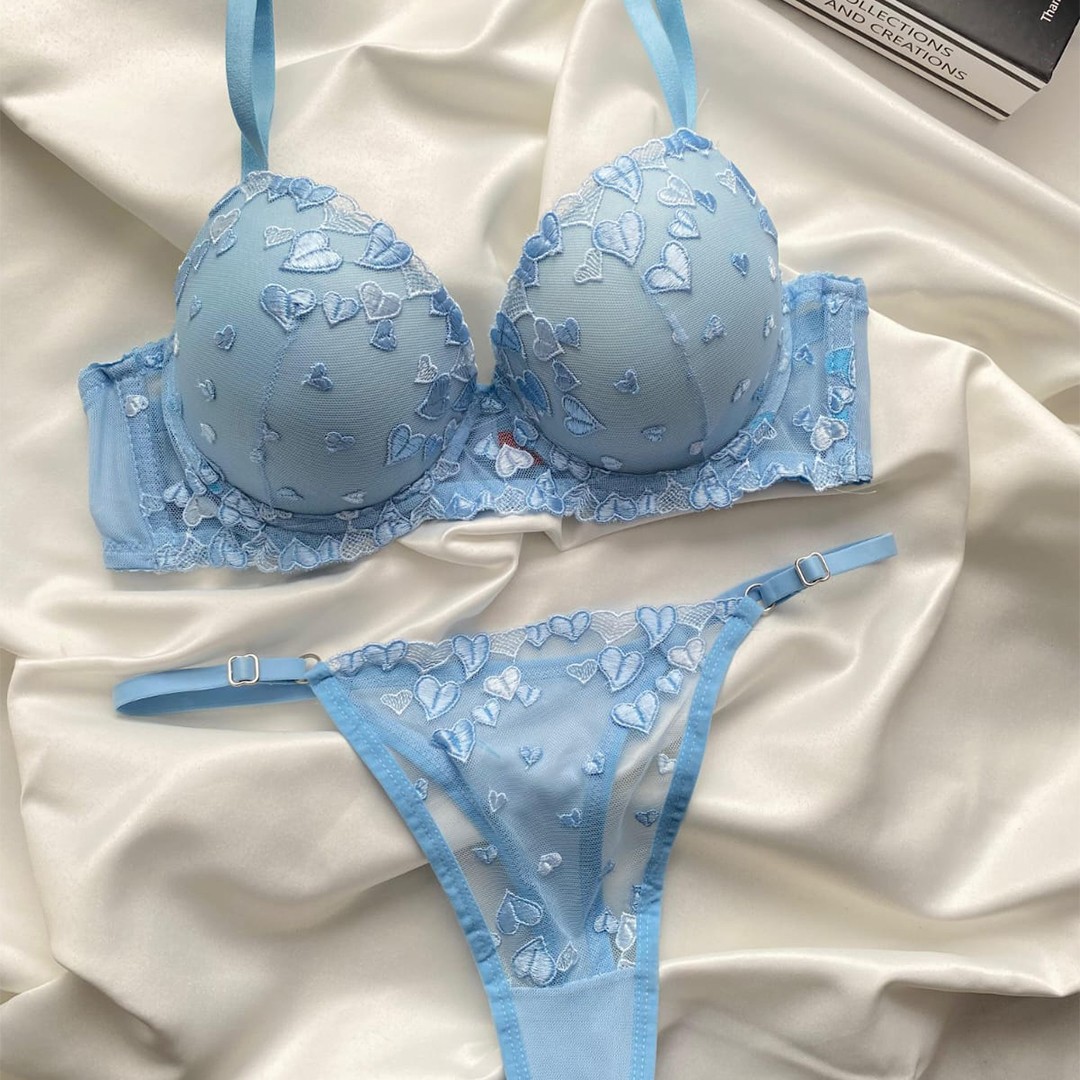 Soutien-gorge push-up et string brodé - Light Blue image
