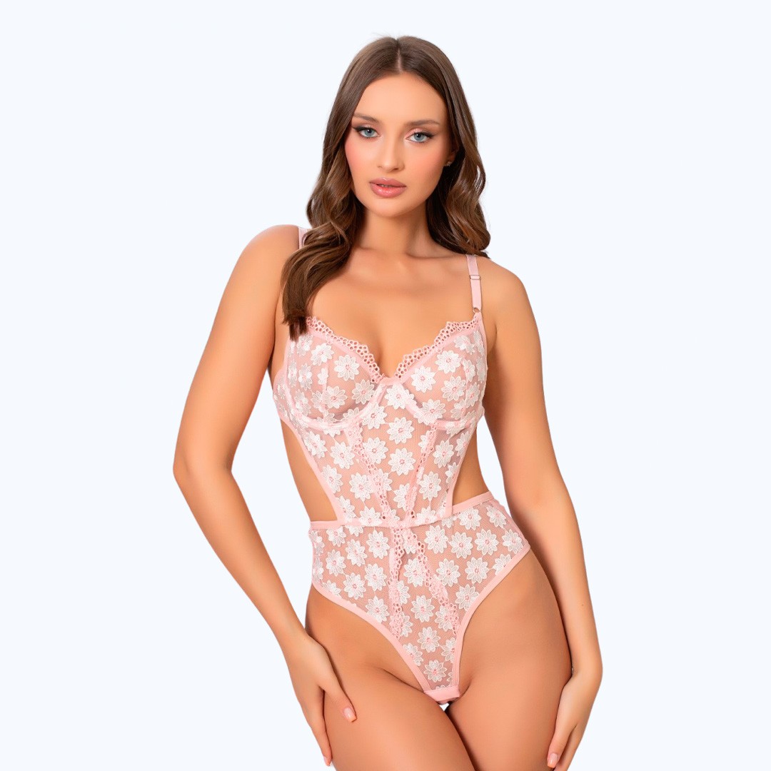 Body en Dentelle Découpée - Lingerie Féminine Sexy et Élégante avec Broderie Florale - Pink Clear image