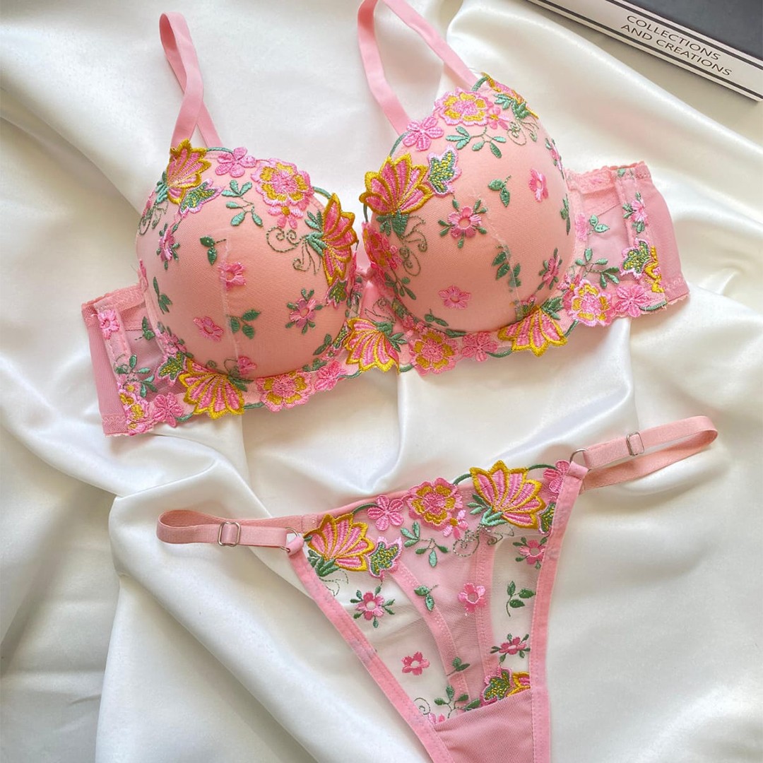 Soutien-gorge push-up et string brodé - Hot Pink image
